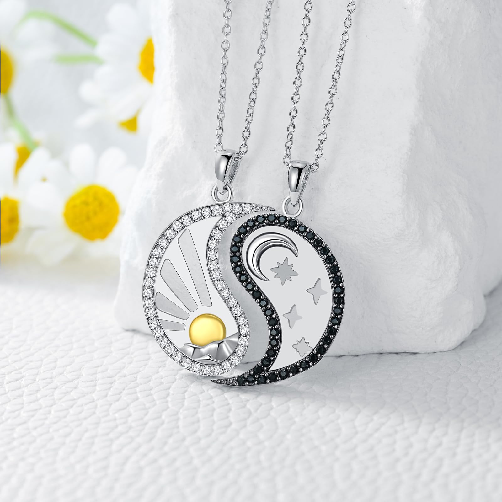 Yin Yang Paar Halsketten 925 Sterling Silber Sonne Mond Anhänger Halsketten für Damen Yin Yang Schmuck Geschenke für 2