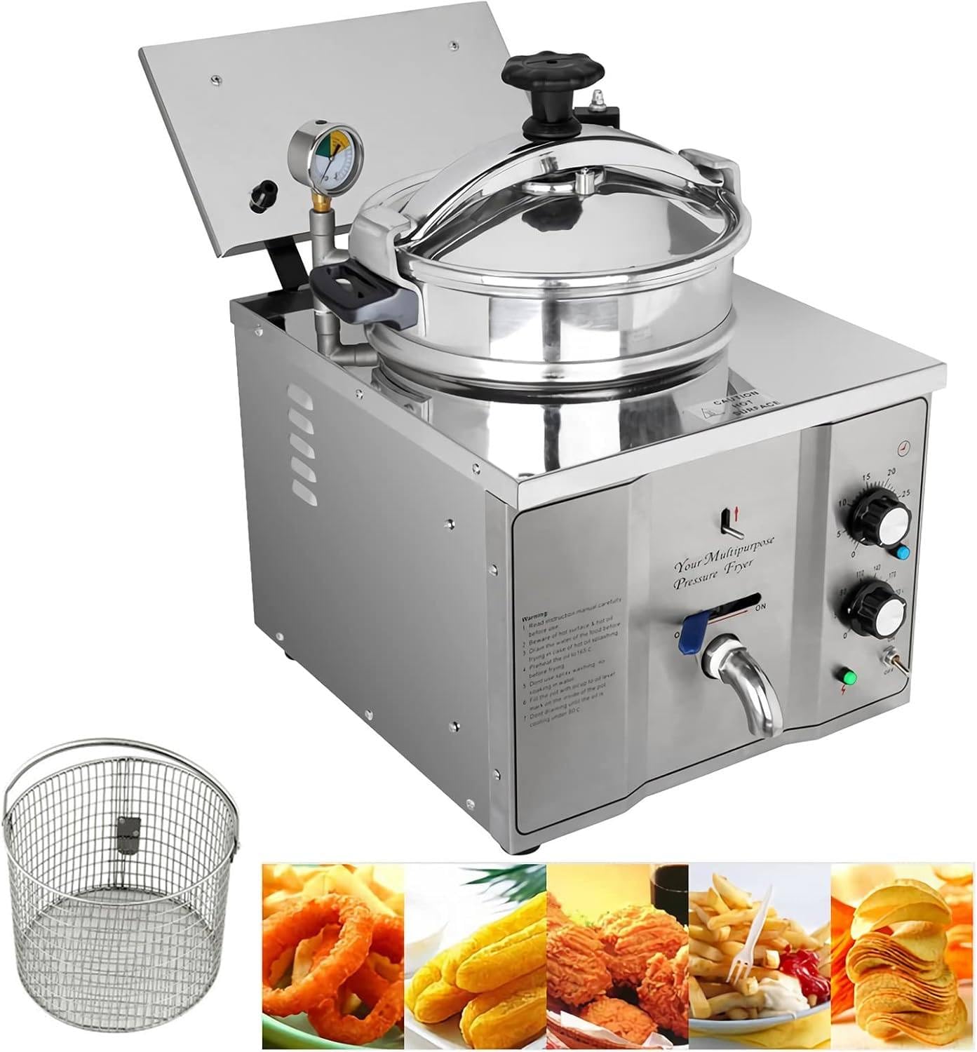 HCZKIUJY 3KW 16L Stainless Steel Countertop Electric Deep Fryer, 50-200℃ Temperature Control & 0-30 Minute Timer,for French Fries, Chicken Wings