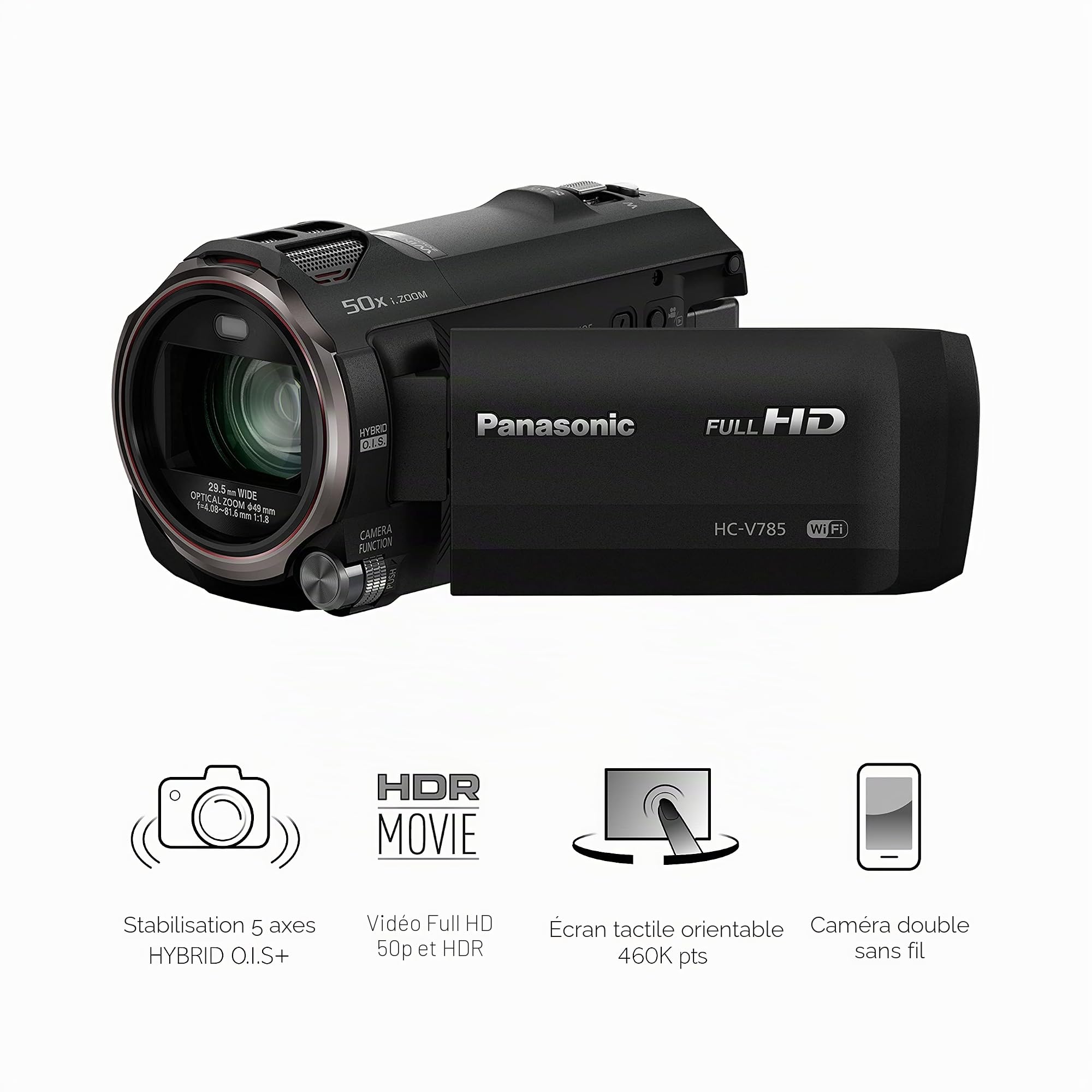 Panasonic V785 I Caméscope Full HD (Qualité vidéo Full HD 50p, Zoom Optique 20x, Grand Angle 29.5mm, Ecran Tactile, Stabilisé, Double caméra, HDR, WiFi et NFC) Noir – Version Française