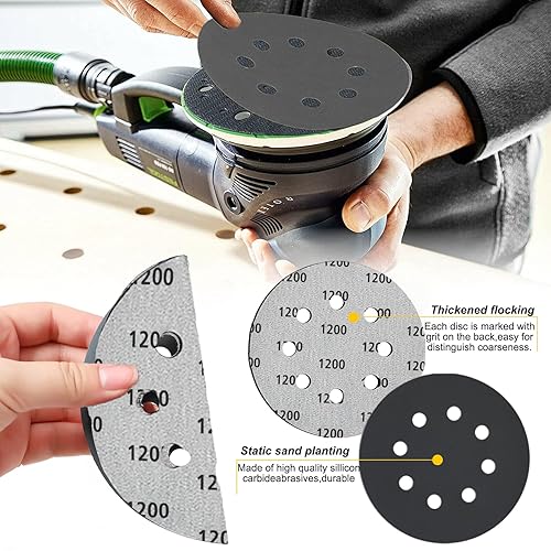 Miniatura 5 de 30 discos de lija de 5 pulgadas con gancho y bucle, 8 agujeros, papel de lija orbital de grano 1200, papel de lija redondo de carburo de silicio