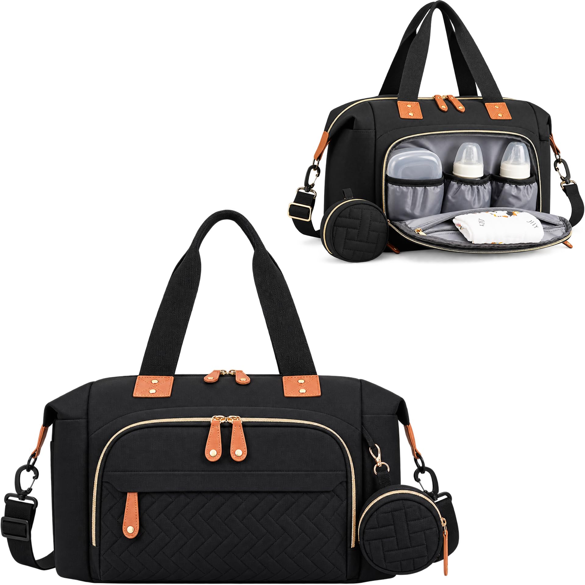 Borsa per pannolini per bambini, grande capacità, impermeabile, portatile, con spallacci per passeggino, nero, isolata
