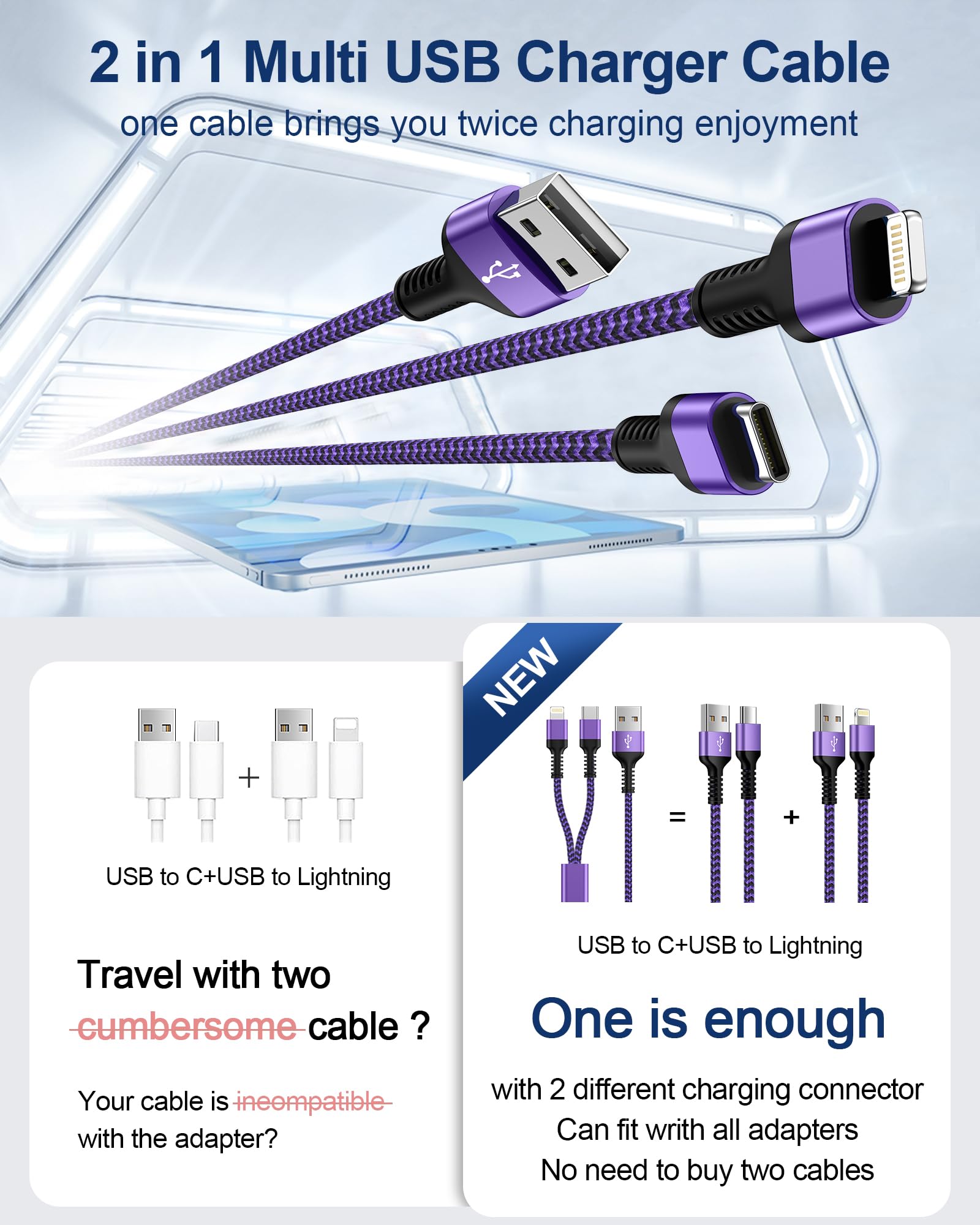 Cavo di ricarica veloce multi USB 2 in 1 con porta Lightning/tipo C, 1,2 m in nylon intrecciato USB a USB C e cavo Lightning per dispositivi IOS/Android, compatibile con iPhone 15 14 13 12 Pro Max,