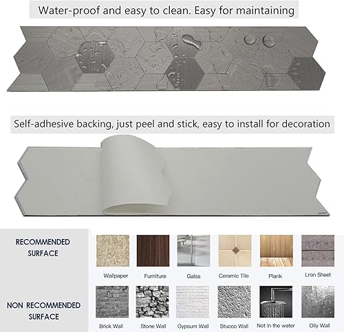 Miniatura 3 de XUANINY Azulejos hexagonales de metal de 40 hojas, azulejos de mosaico de línea de cintura decorativos autoadhesivos, paneles de pared para