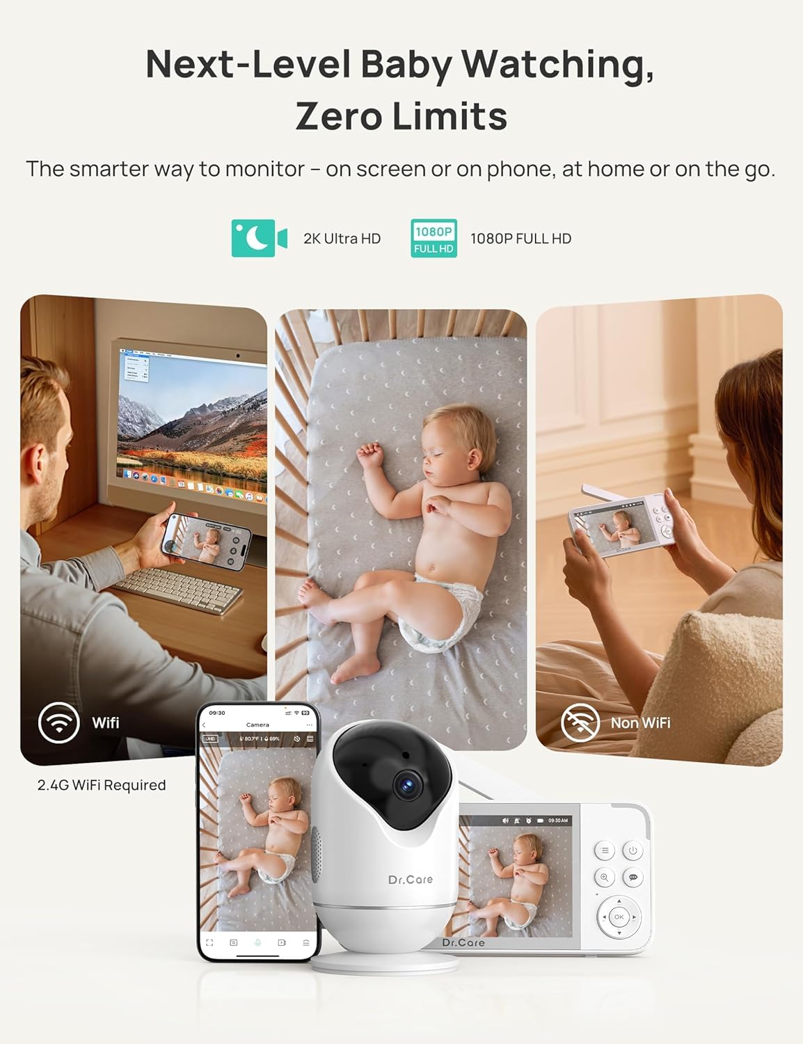 Dr.Care VistaView Smart WLAN Babyphone mit Kamera, 5” 1080P HD, 2K Kamera, App-Steuerung, Bewegungs- & Weinen-Alarm, Nachtsicht, 5000mAh, Zwei-Wege-Audio, 390m Reichweite