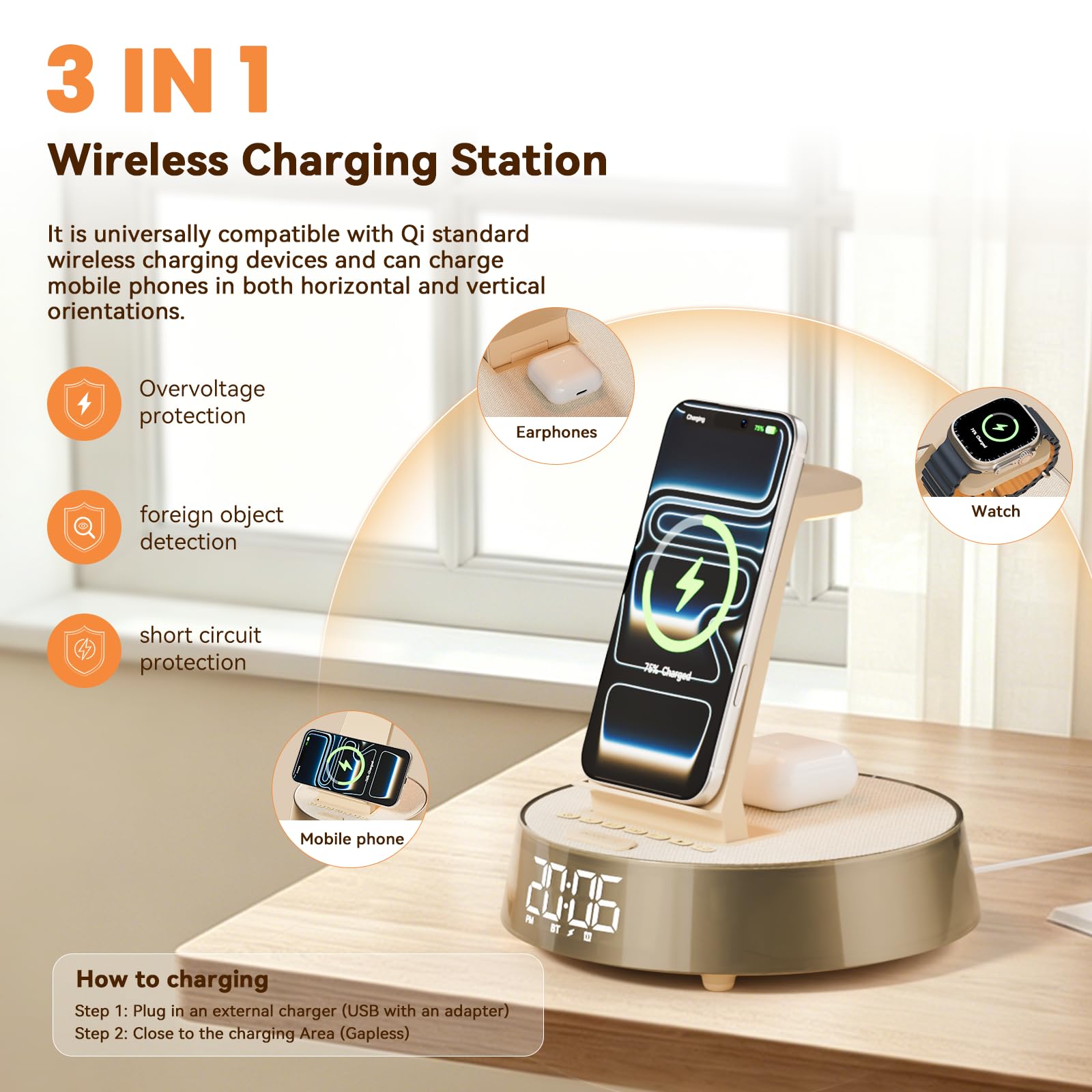 Wireless Charger für iPhone für Samsung, Radiowecker mit Bluetooth Lautsprecher Induktive Ladestation für Apple Watch, Kabelloses Ladegerät für AirPods mit Licht Nachtlampe