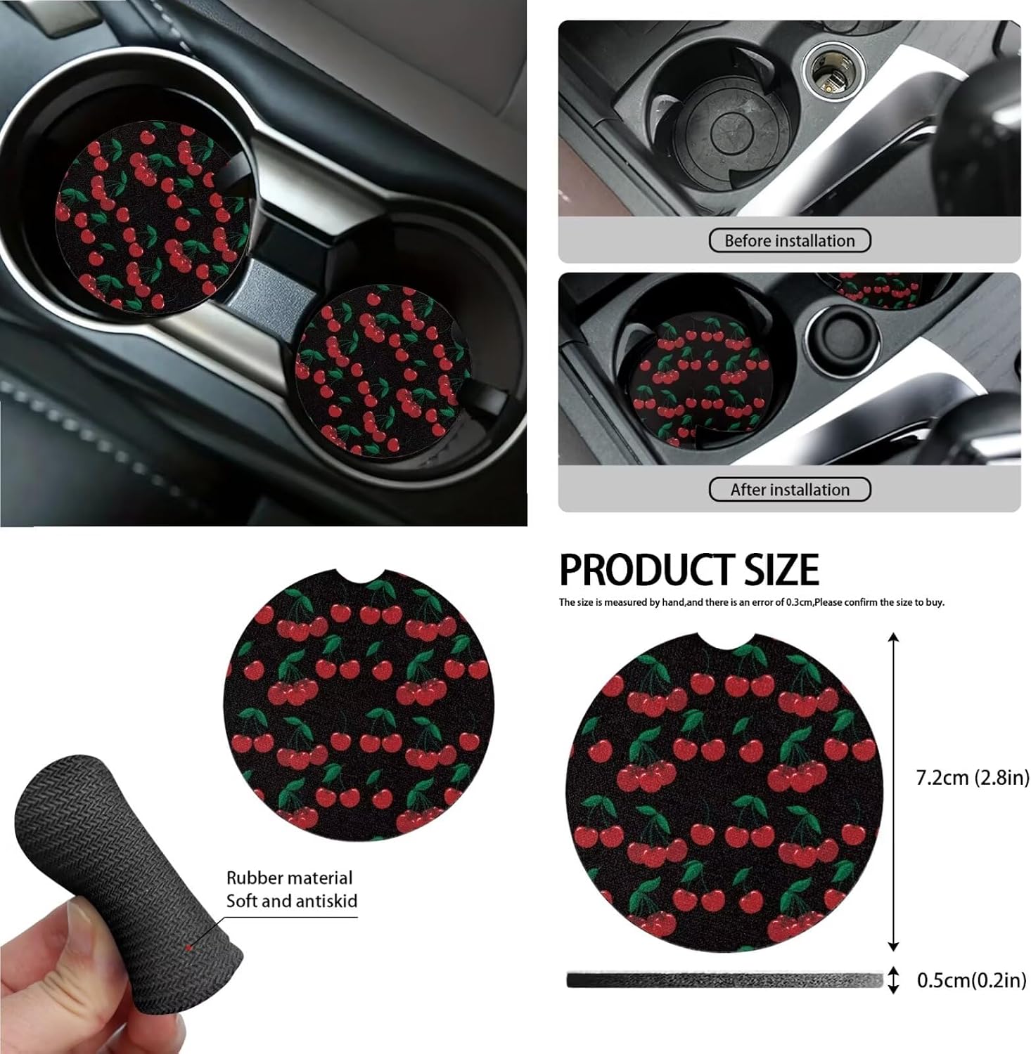 Wanyint Cherry Black 15 Pcs Car Seat Cover Full Set with Auto Steering Wheel Cover Seat Belt Strap Pads Cup Coasters Trash Bag Air Vent Storage Bag Rearview Mirror Cover Keychain Auto Interior Decor