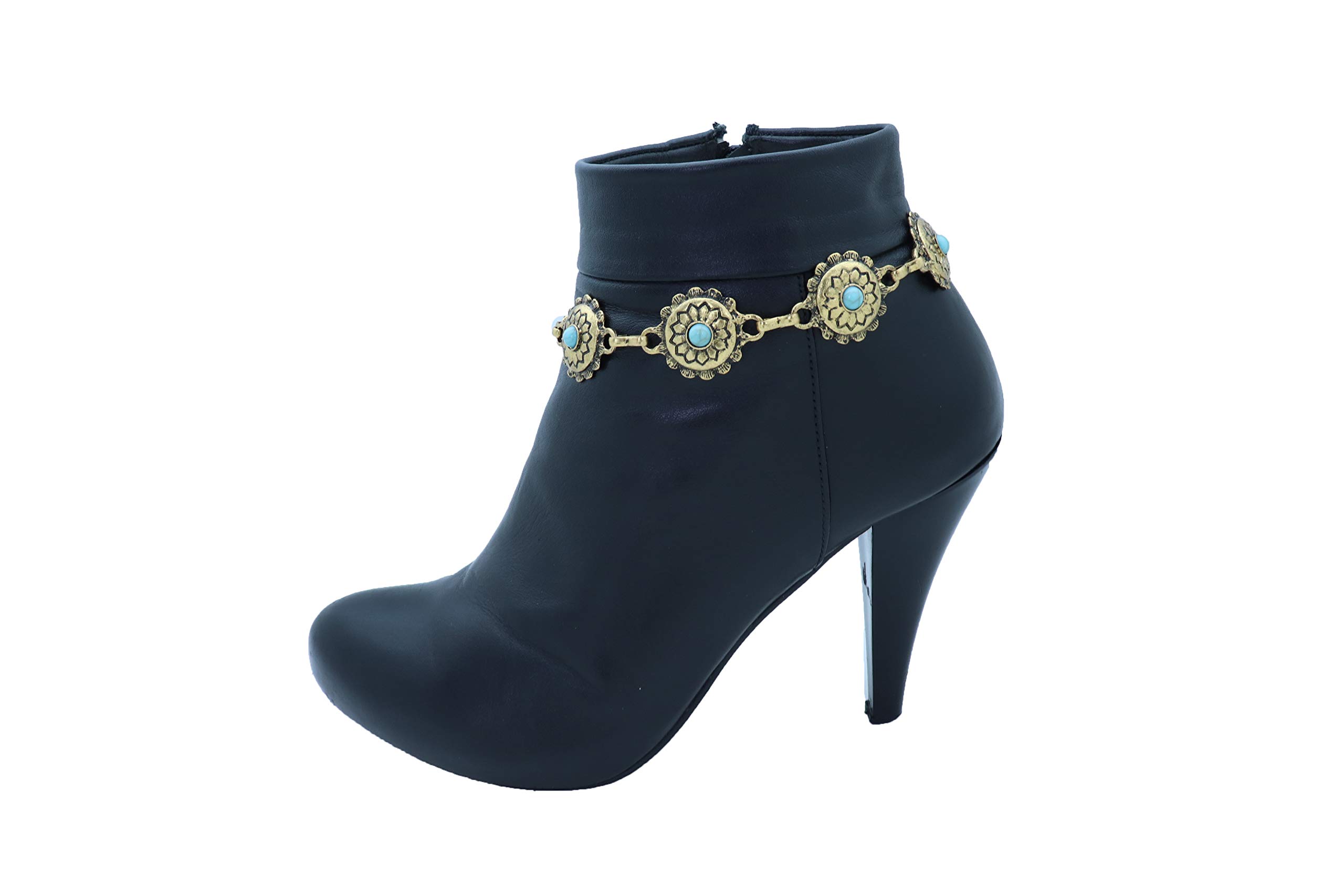 TrendyFashionJewelry TFJ Women Western Boot Chain Metal Bling Bracelet Cowgirl Anklet High Heel Truqoise Blue Flower Charm Antique Gold Color