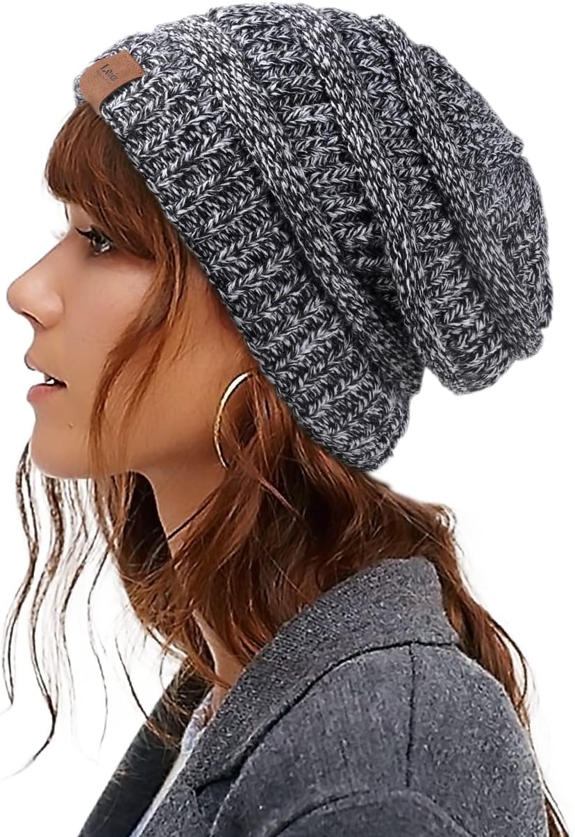 Womens Satin Lined Winter Beanie Cable Knit Beanie for Men Silk Lining Thick Chunky Cap Soft Slouchy Warm Hat (Mix Black)