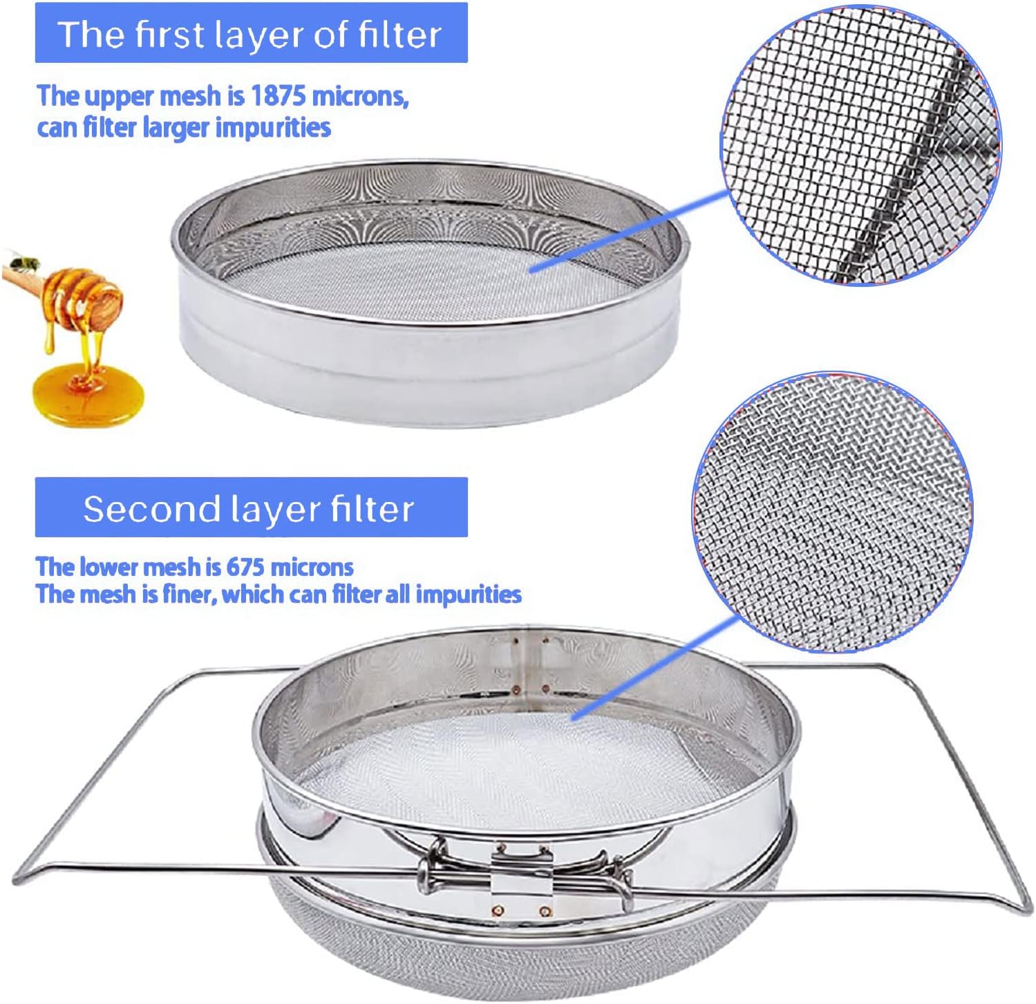 Honey Strainer for 5 Gallon Bucket Stainless Steel Double Sieve Honey Filter Strainer for Clean Honey with Up to 16.5 inches Extendable Arms - Image 4