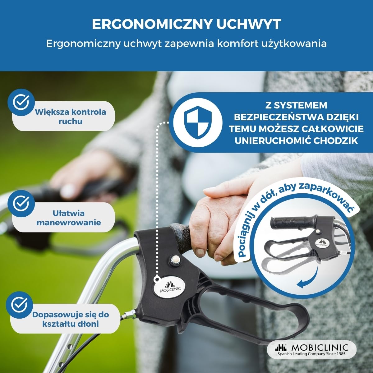 Mobiclinic, Rollator dla seniorów, Victoria, Składany, Aluminium, Regulacją wysokości, Wyściełanym siedziskiem i oparciem, Hamulce z dźwigniami, Taca kosz, Starszych, 4 kółka, Lekki
