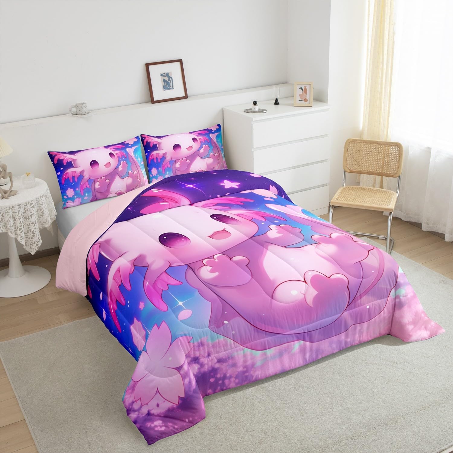 Feelyou Cute Axolotl Bedding Set Boys Girls Twin Size Cherry Blossoms Comforter Set for Kids Women Men Ultra Soft Cartoon Salamander Comforter Kawaii Ocean Sealife Duvet Set Room Decor