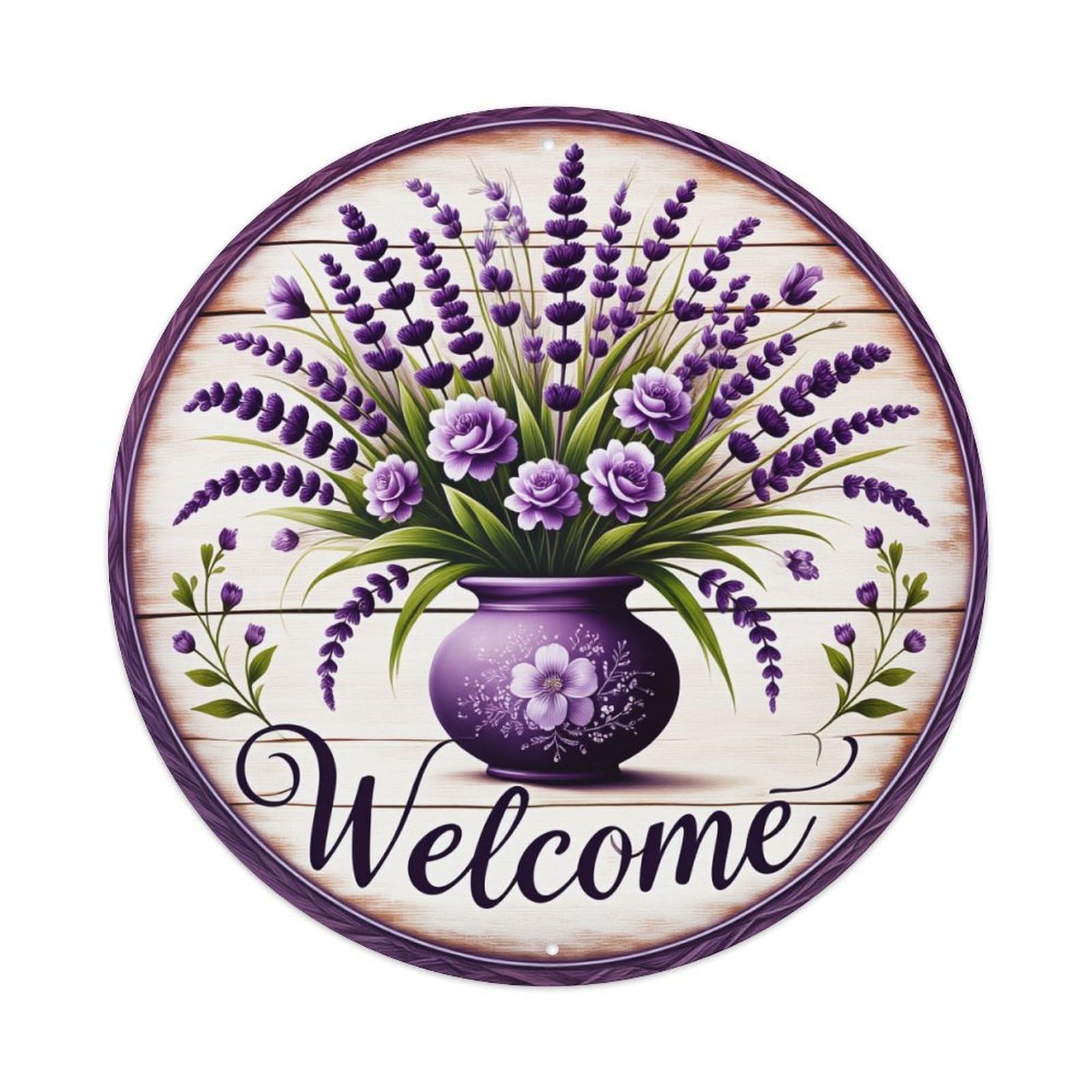 Lavender Flowers In Vase Welcome Round Tin Sign Vintage Metal Poster, Home Bar Garage Man Cave Cafe Indoor & Outdoor Wall Decoration 8x8Inches