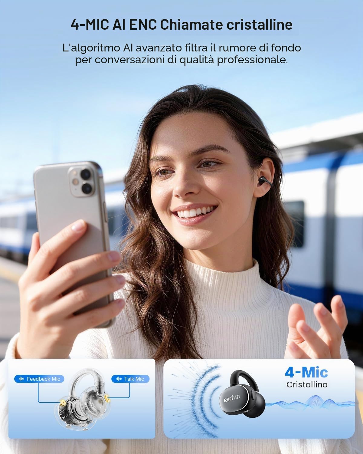 EarFun Clip 2 Cuffie Open-Ear, Hi-Res Audio, LDAC, Chiamate Chiare con 4 Microfoni e IA, Vestibilità Confortevole e Sicura, Ricarica Wireless, Autonomia 40 h,Cuffie per Running e Sport, IP55