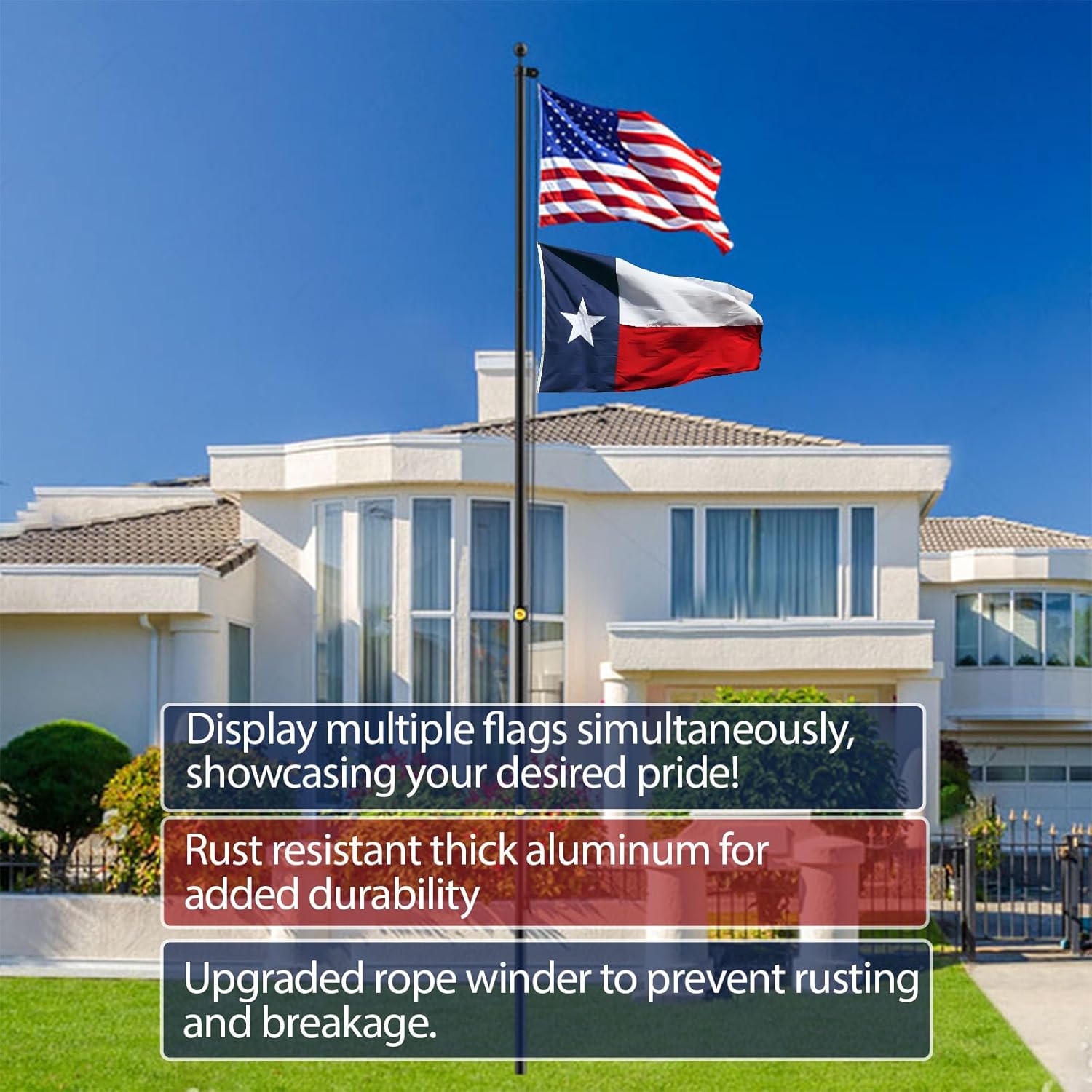 25FT Flag Pole for Outside House,Aluminum Extra Thick Flagpole with Reinforcing Ring, 5x3 US Flag and White Gloves, Heavy Duty Black Flag Poles Kit for Yard or Residential - Image 2