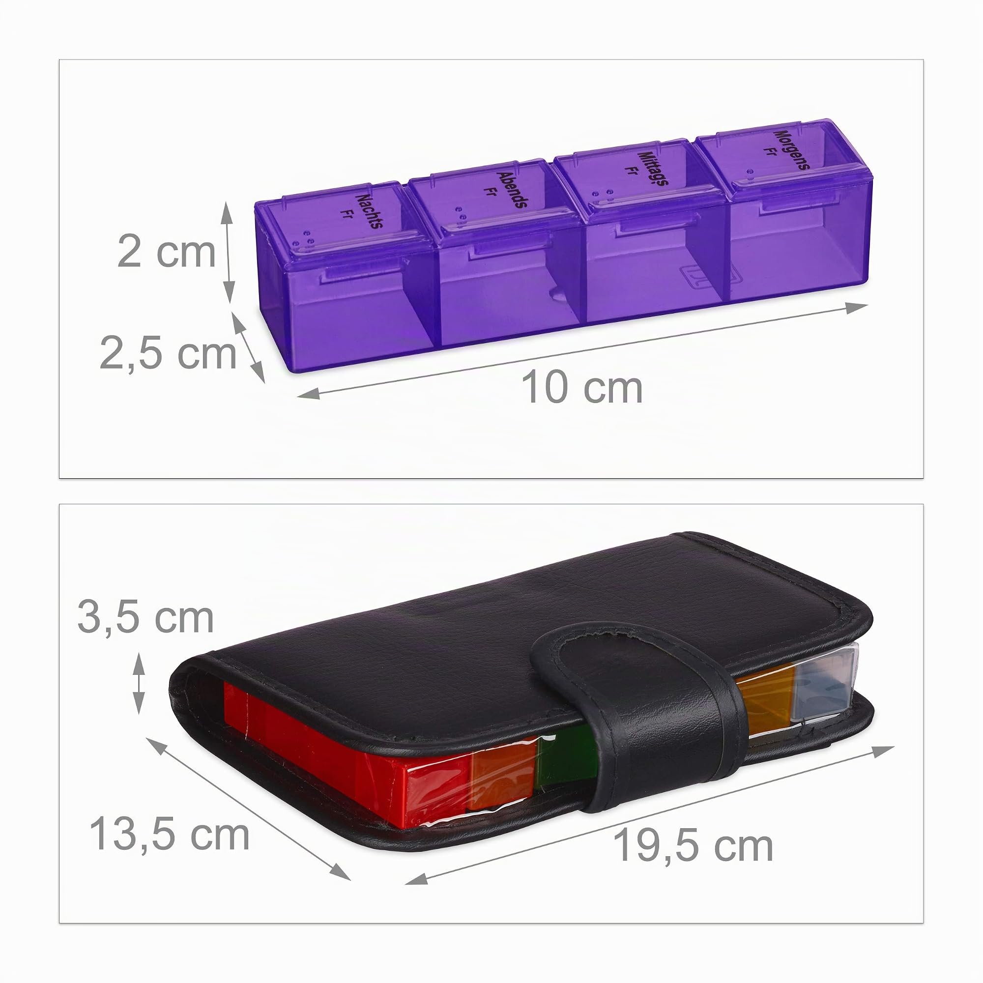 Relaxdays Tablettenbox 8er Set, mit Etui, 7 Tage, 4 Fächer, schwarz | wöchentliche Pillendose für unterwegs & Reise, Tablettenetui