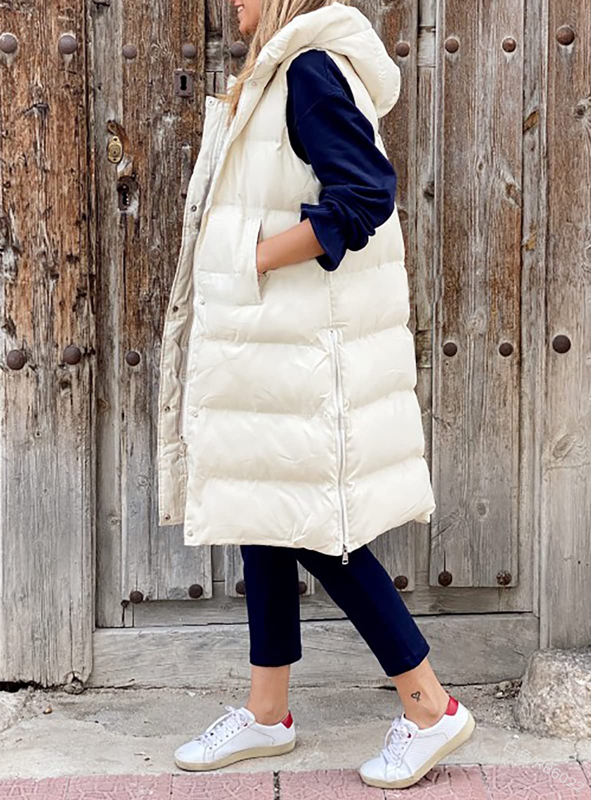 Piumino Lungo Da Donna Senza Maniche Piumino Con Cappuccio Taglia Grande Invernale Leggero Gilet Con Tasche Giacca Trapuntata Antivento,Beige,L