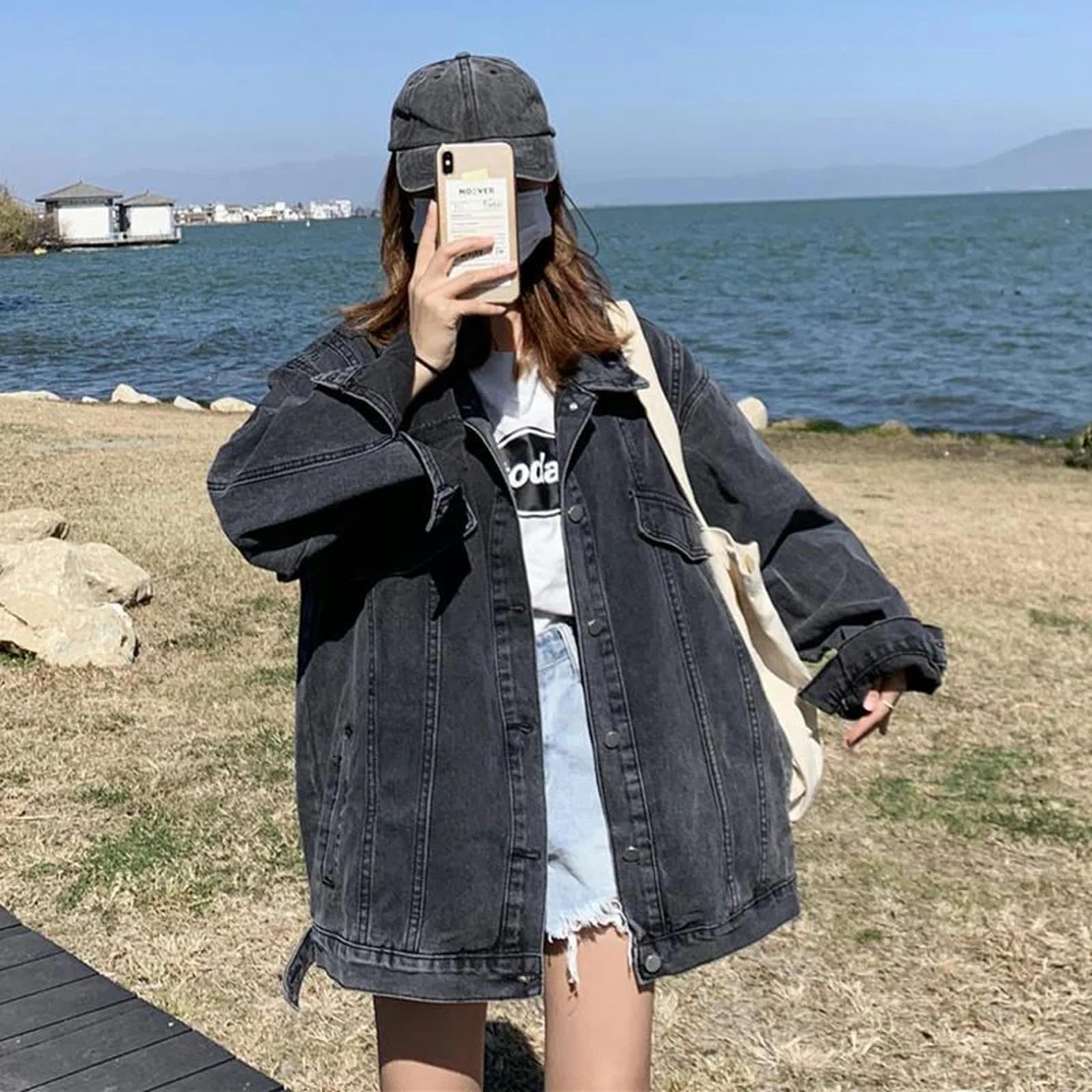 Giacca Uomo Giacca di Jeans Oversize da Donna A Manica Lunga Abbottonata Giunta Jean