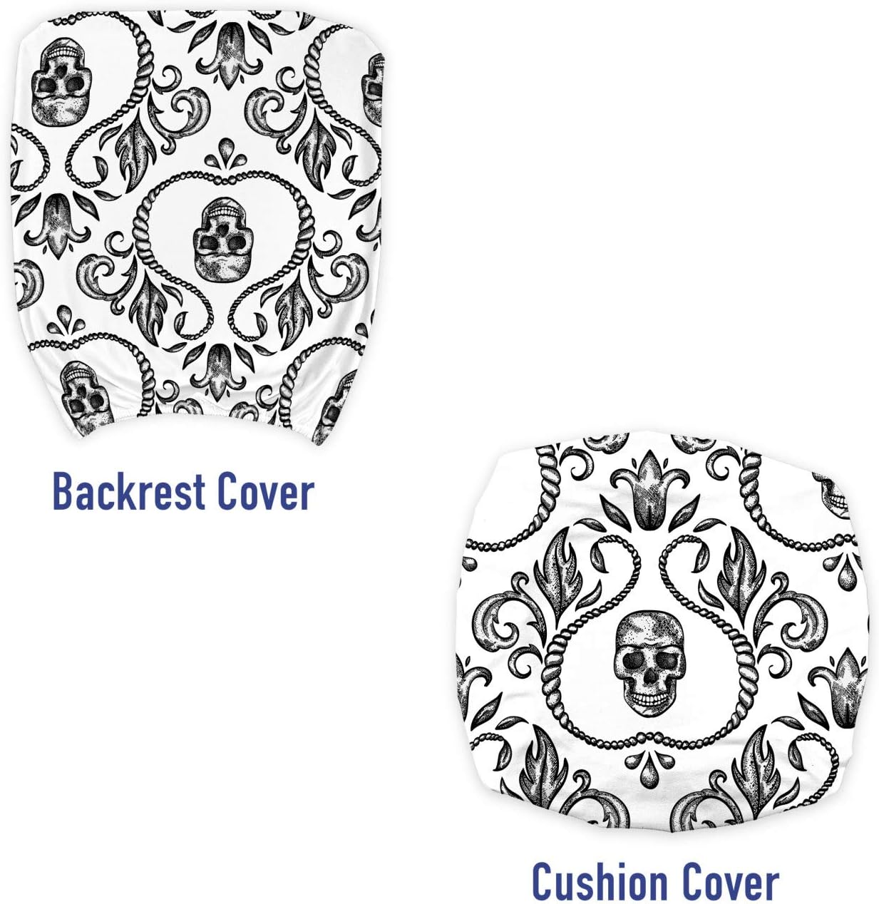 Lunarable Skull Office Chair Slipcover, Vintage Ornamental Skeleton Part Baroque Style Illustration Floral Arrangement, Protective Stretch Decorative Fabric Cover, Black White
