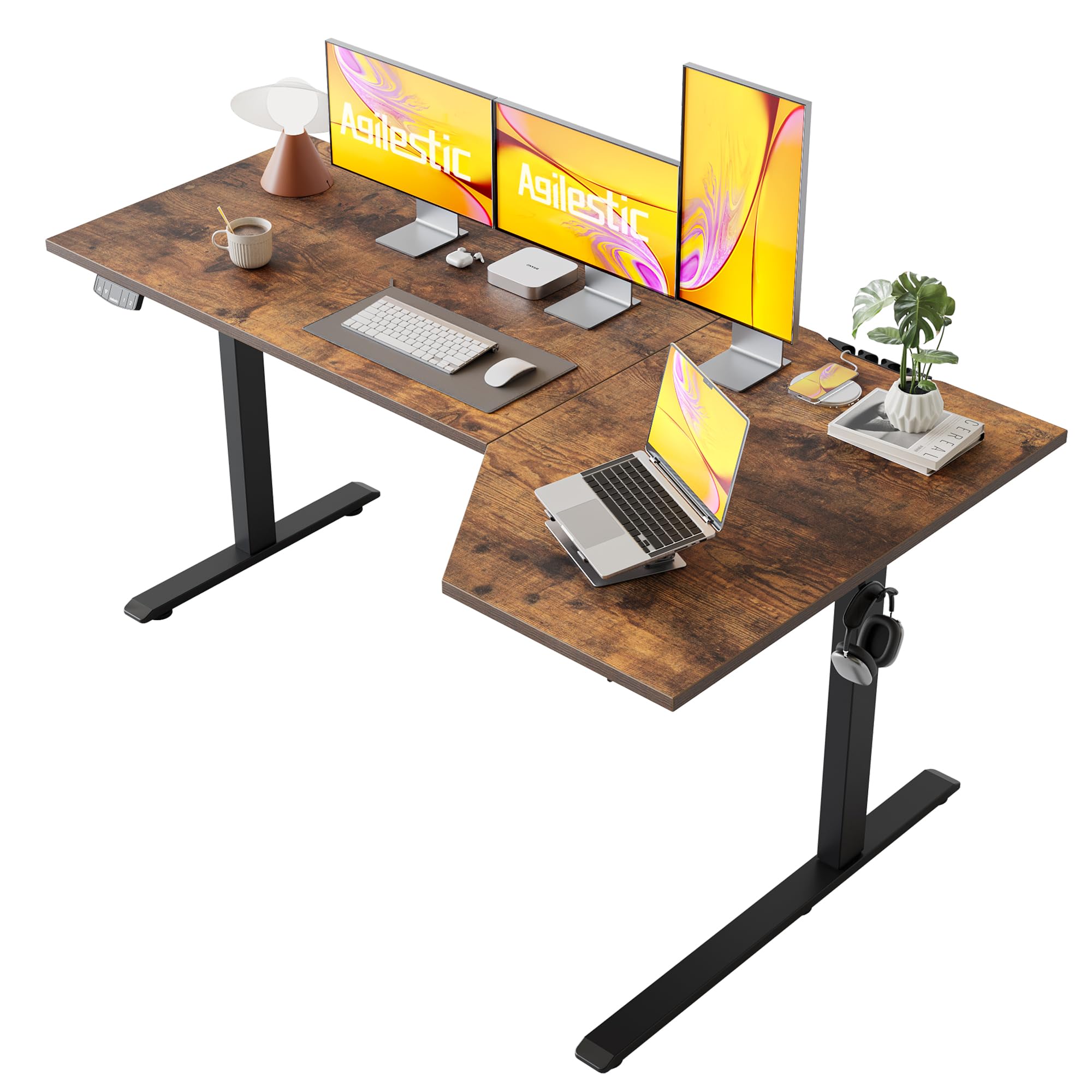 Agilestic 63 x 35 Inch Corner L Shaped Electric Standing Desk, Rustic Brown
