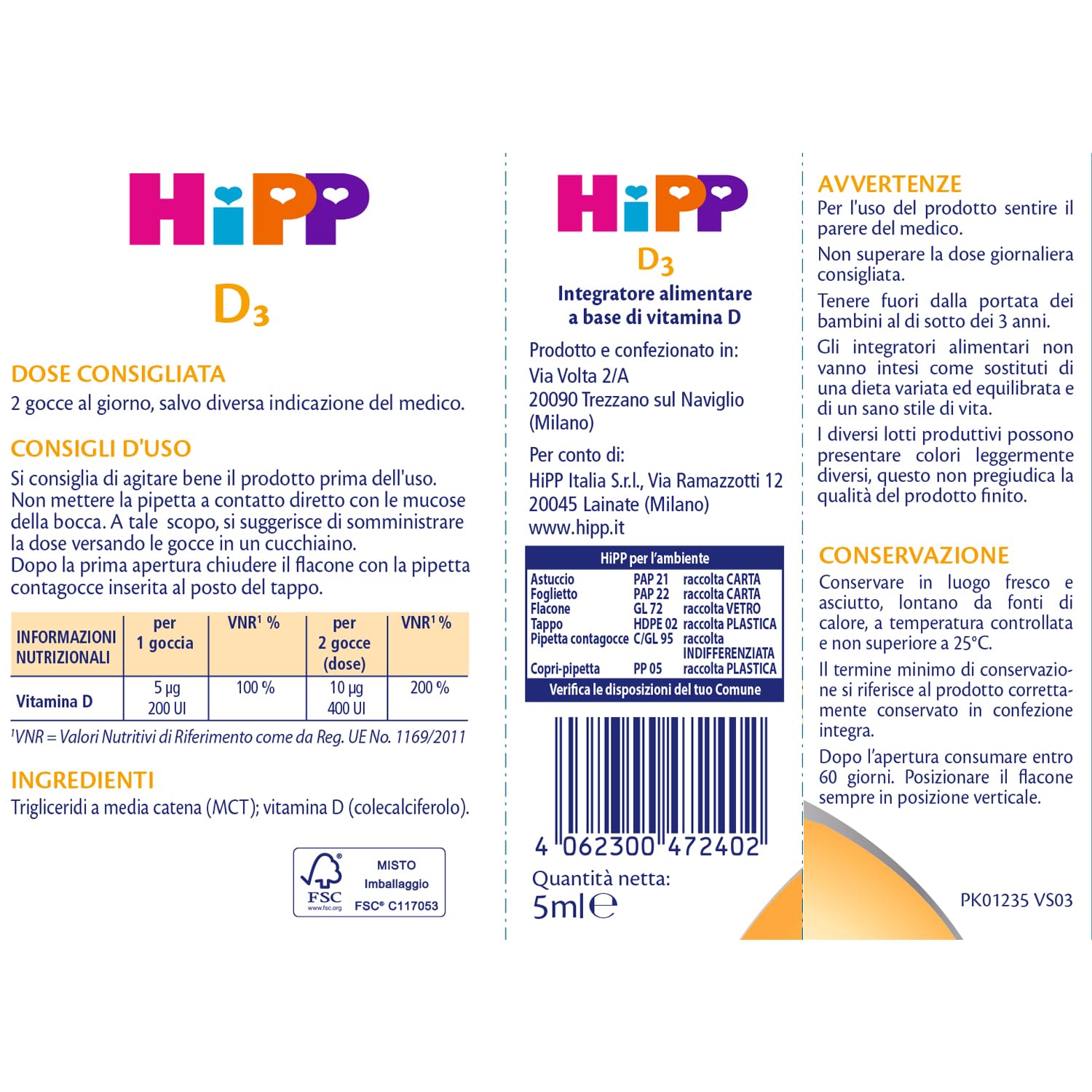 HiPP- HiPP D3, Vitamina D3, Integratore Alimentare, Bambini, in Gocce, Flacone 5 ml, con Pratica Pipetta Contagocce, Senza Glutine, Senza Additivi