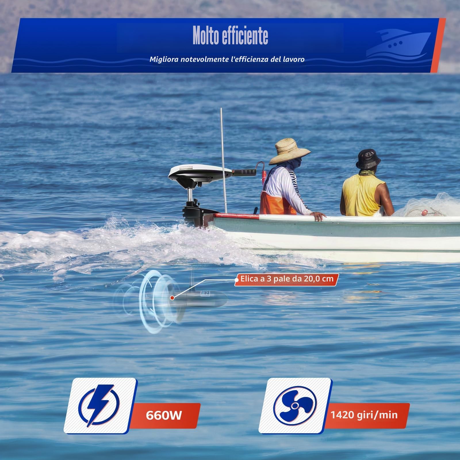 Motore Fuori Bordo Elettrico, 12V 66LBS, Barca Kayak | Rame Puro 660W, Elica 3 Pale, Pesca Fiume Acquacoltura, Manico telescopico, Carico 600kg
