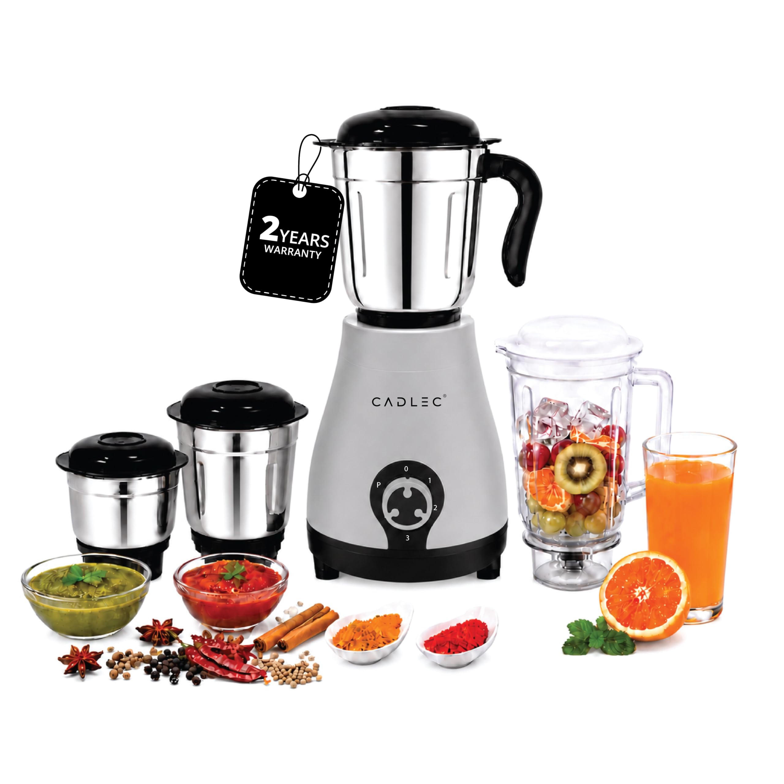 Cadlec BlendCraft 4 Jar 750 Watt Mixer Grinder | High-Power Juicer, Blender & Mixer | Durable ABS Body | Multi-Function for Juicing & Blending | 2-Year Warranty, Grey & Black
