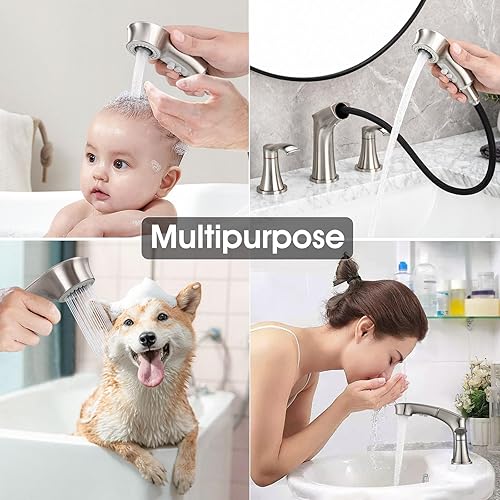 Miniatura 5 de Grifo de baño de 3 agujeros con rociador extraíble, grifo de baño de 8 pulgadas, grifo de tocador de dos manijas con líneas de suministro cUPC,