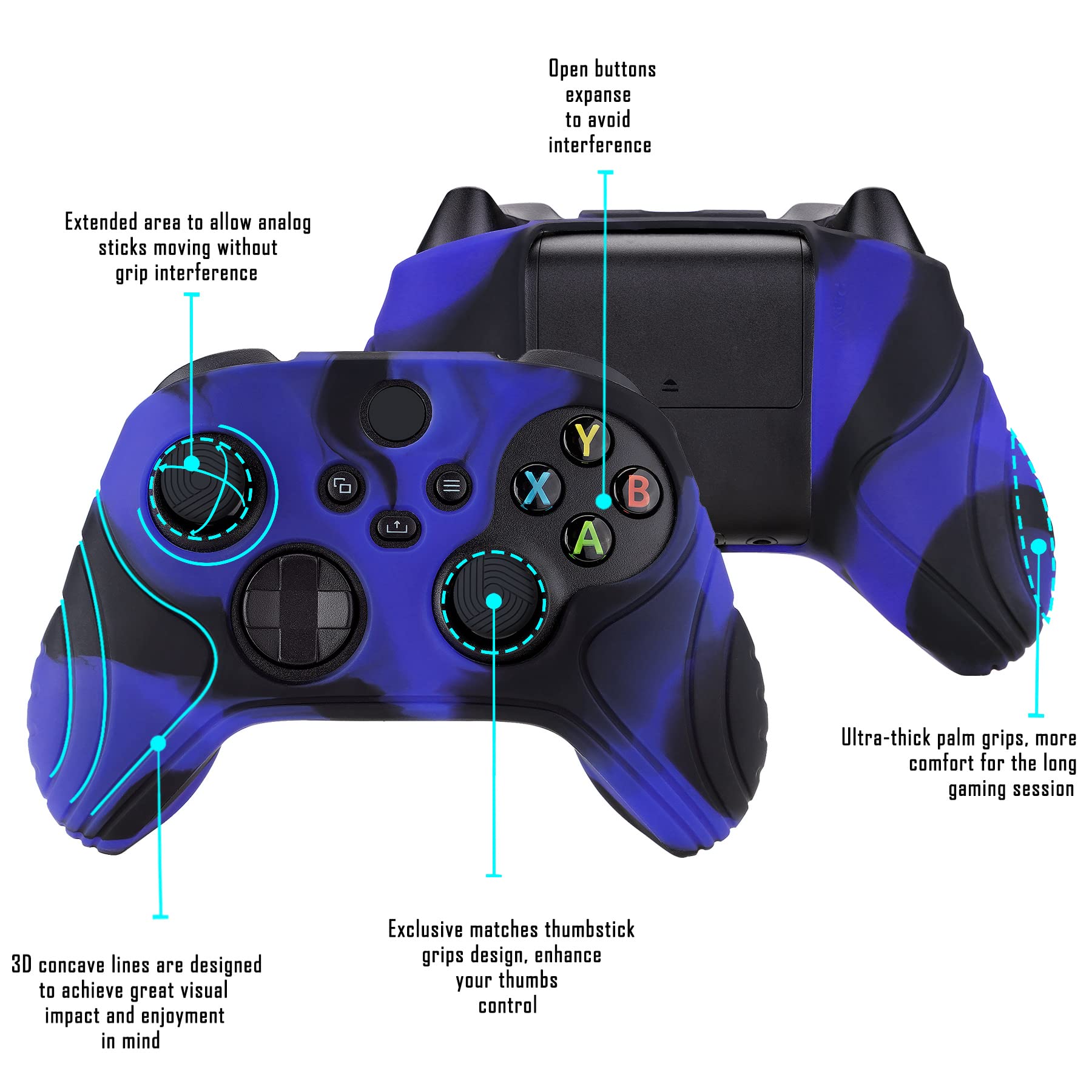 eXtremeRate PlayVital Funda de Silicona para Xbox Series X/S - Suave al Tacto, Antideslizante y Resistente, con 2 Tapas para Joysticks, Cubierta Protectora de Goma (Edición Samurai-Azul Negro)