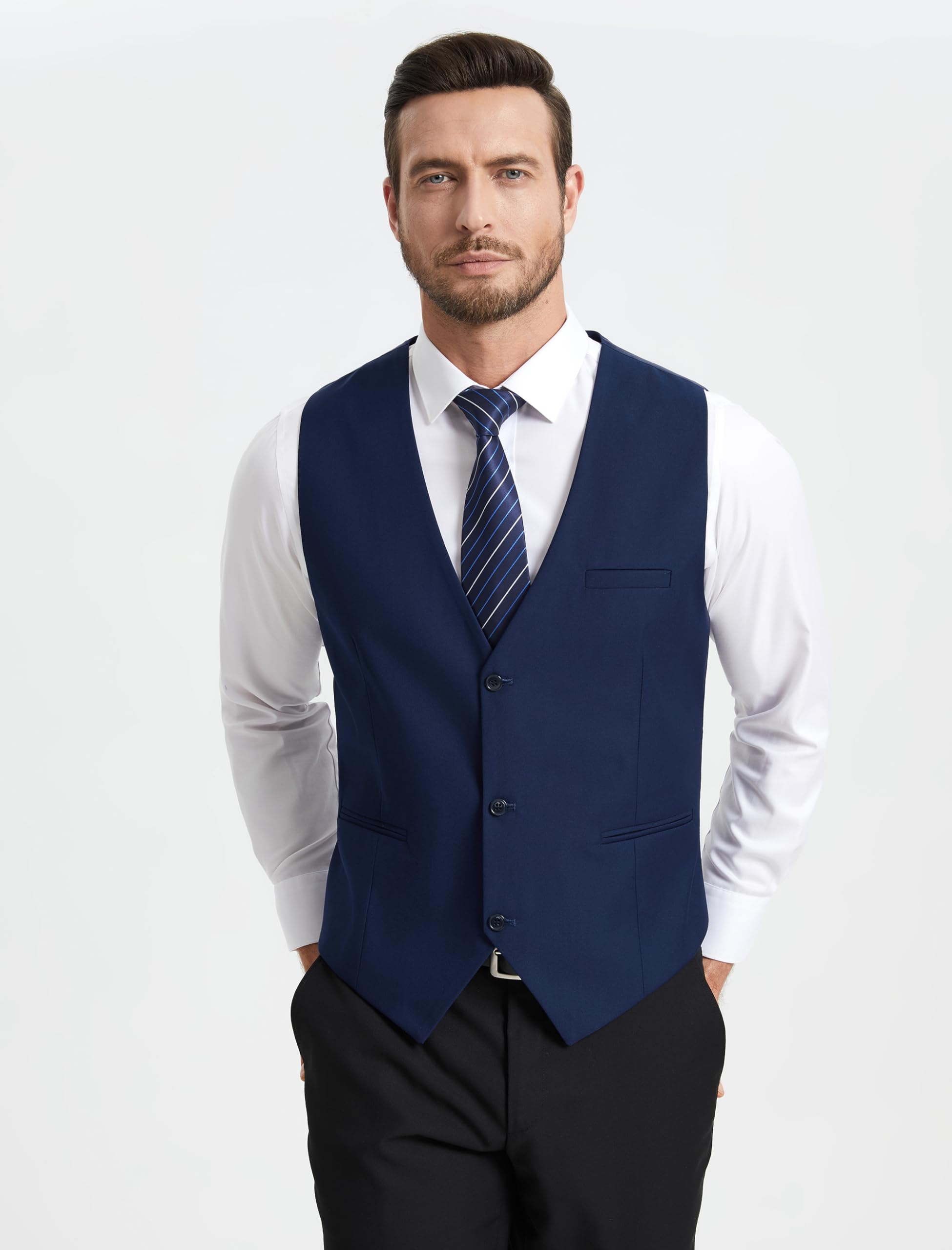 HISDERN Gilet Costume Homme Sans Manches Col en V Ajustable Respirant Léger Formelle Classique Élégante Gilets Hommes avec 3 Boutons Poches pour Bureau Mariage Cérémonie Voyage Taille Régulière S-4XL