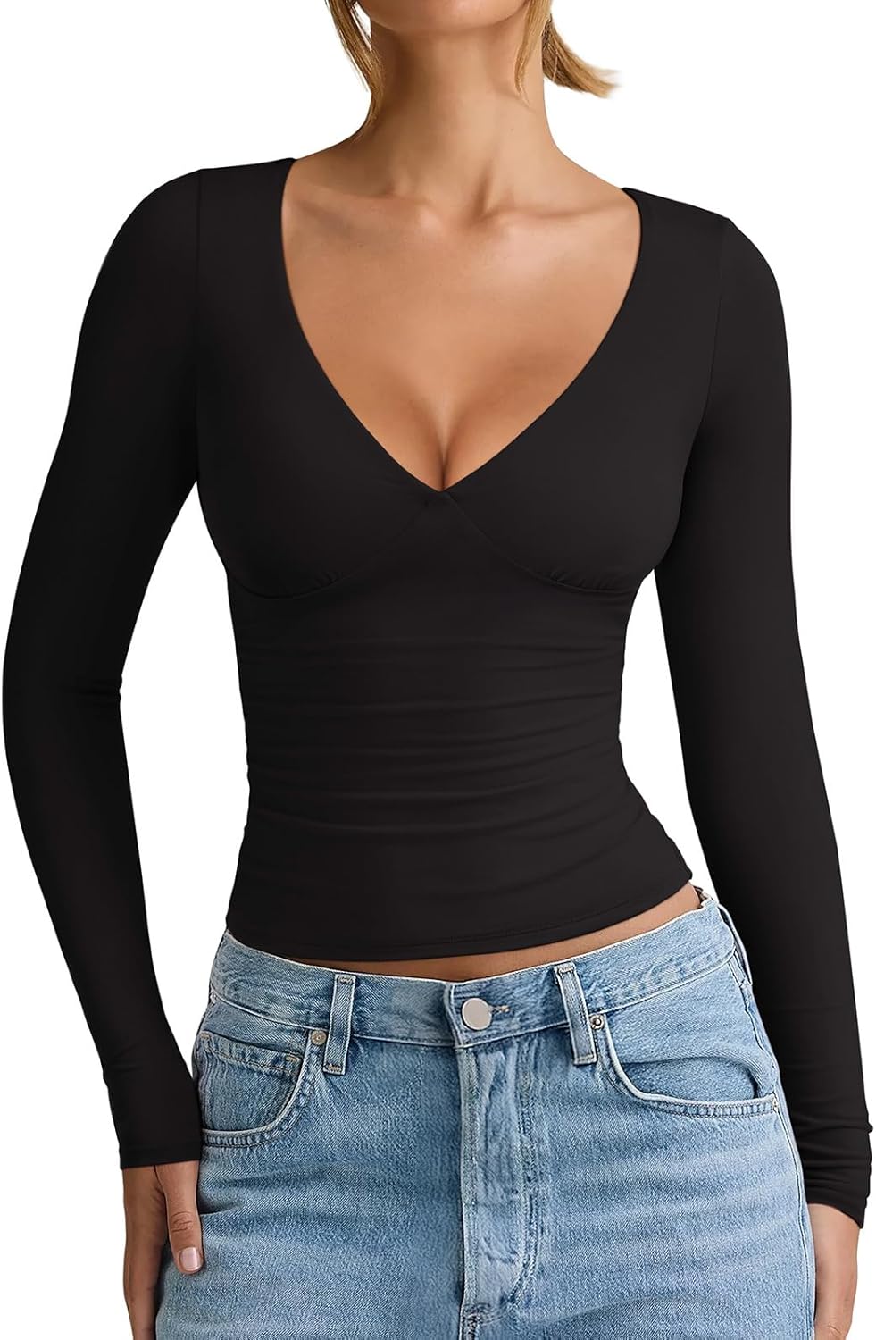 REORIA Womens 2025 Fall Fashion Deep V Neck Long Sleeve Shirts Double Lined Casual Slim Fitted Tops REORIA Womens 2025 Fall Fashion Deep V Neck Long Sleeve Shirts Double Lined Casual Slim Fitted Tops