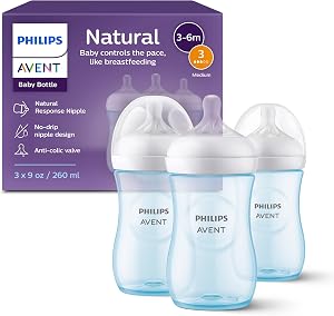 Philips Avent Natural Baby Bottles with Natural Response Nipples (Medium Flow, Flow 3), 9oz, Blue, 3-pack, SCY903/23