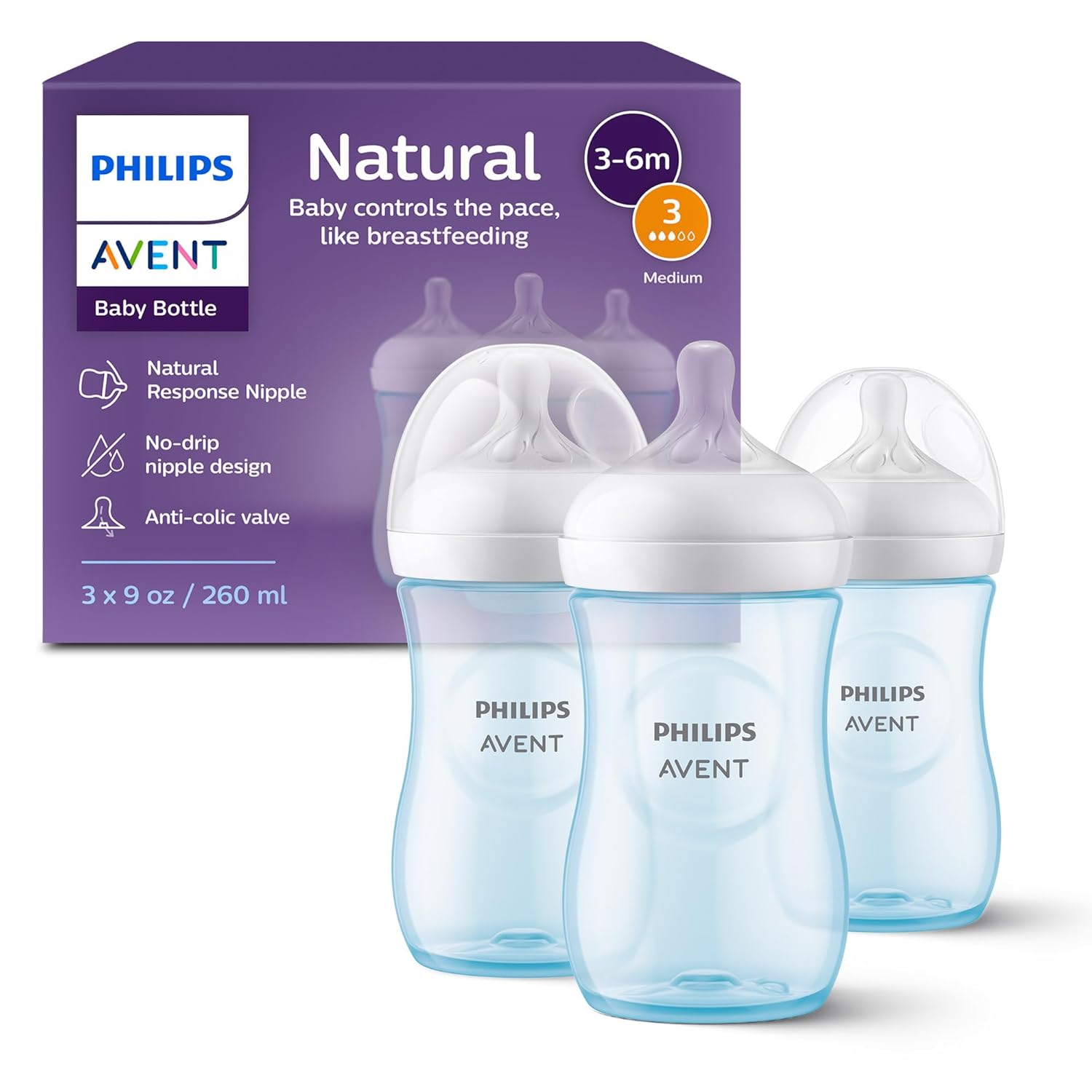 Philips AVENT Natural Baby Bottle with Natural Response Nipple, Blue, 9oz, 3pk, SCY903/23