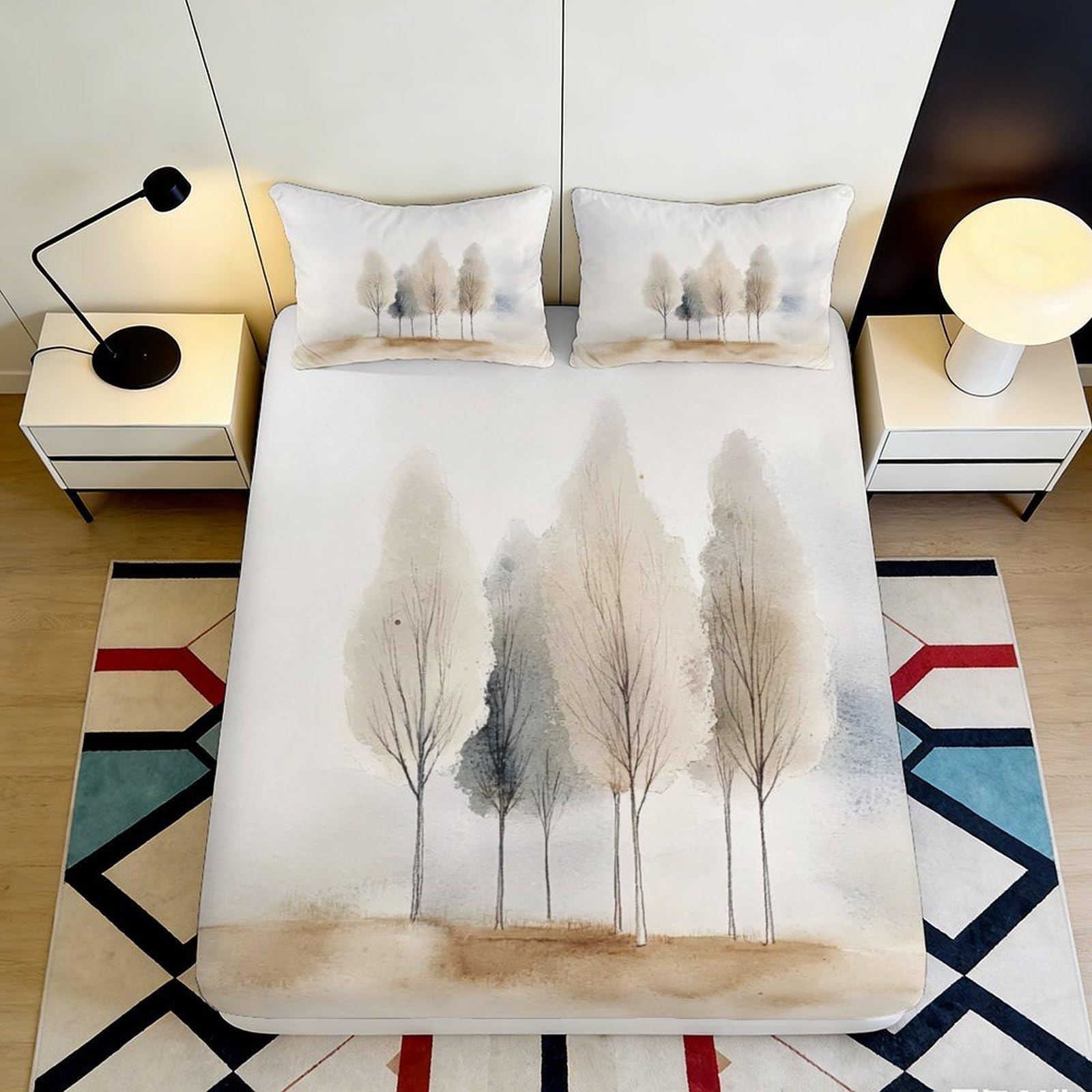 Jqzkxnhpbr Style-6 3D Printed Minimalist Tree Fitted Sheet Microfiber Soft Breathable Forest Mattress Cover For Bedroom Guest Room Decor 90X200x25cm