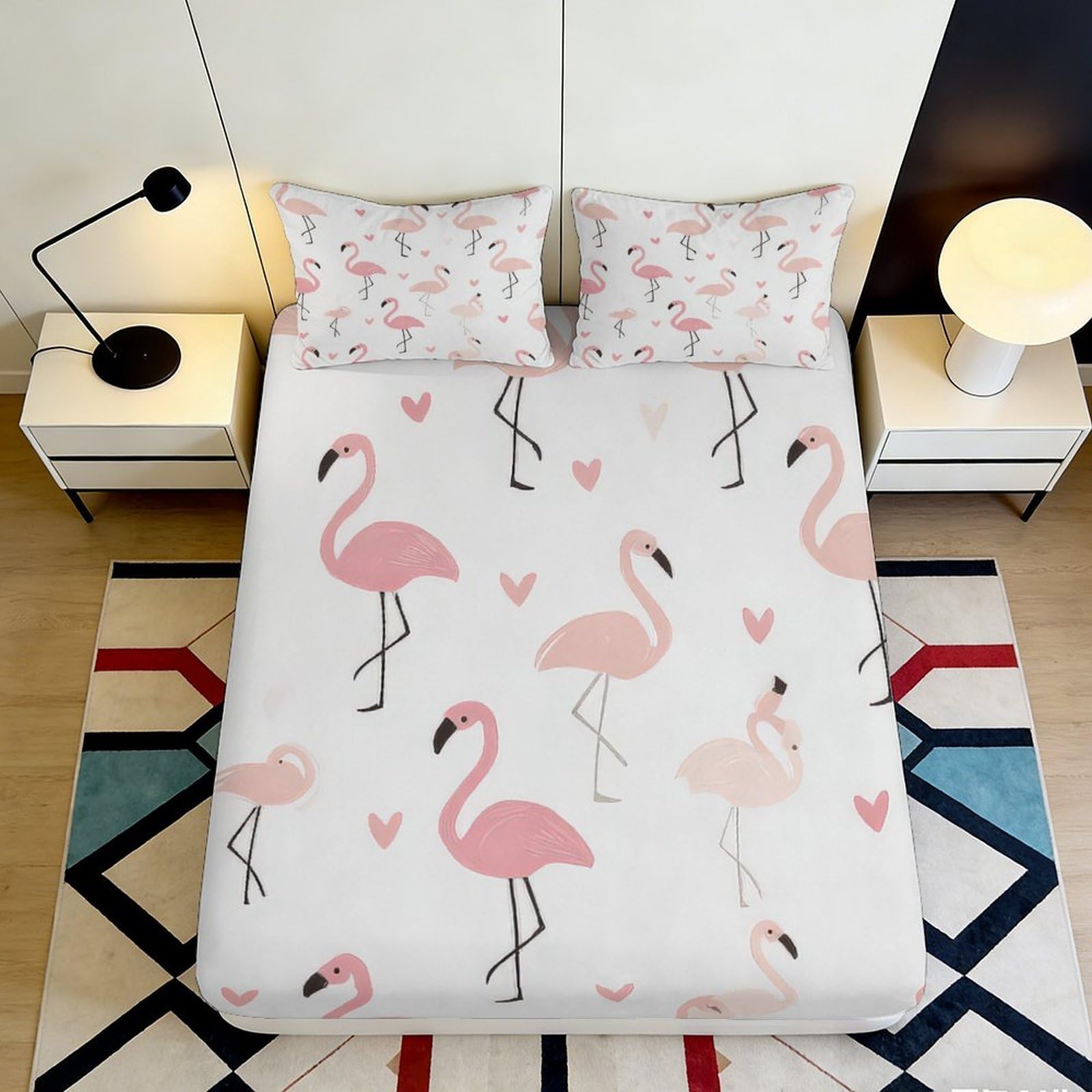 3D Printed Flamingo Pattern Fitted Sheet Microfiber Soft Breathable Pink Flamingo Bed Cover for Bedroom Dormitory Guest Room Mattress Protection 160x200x25cm