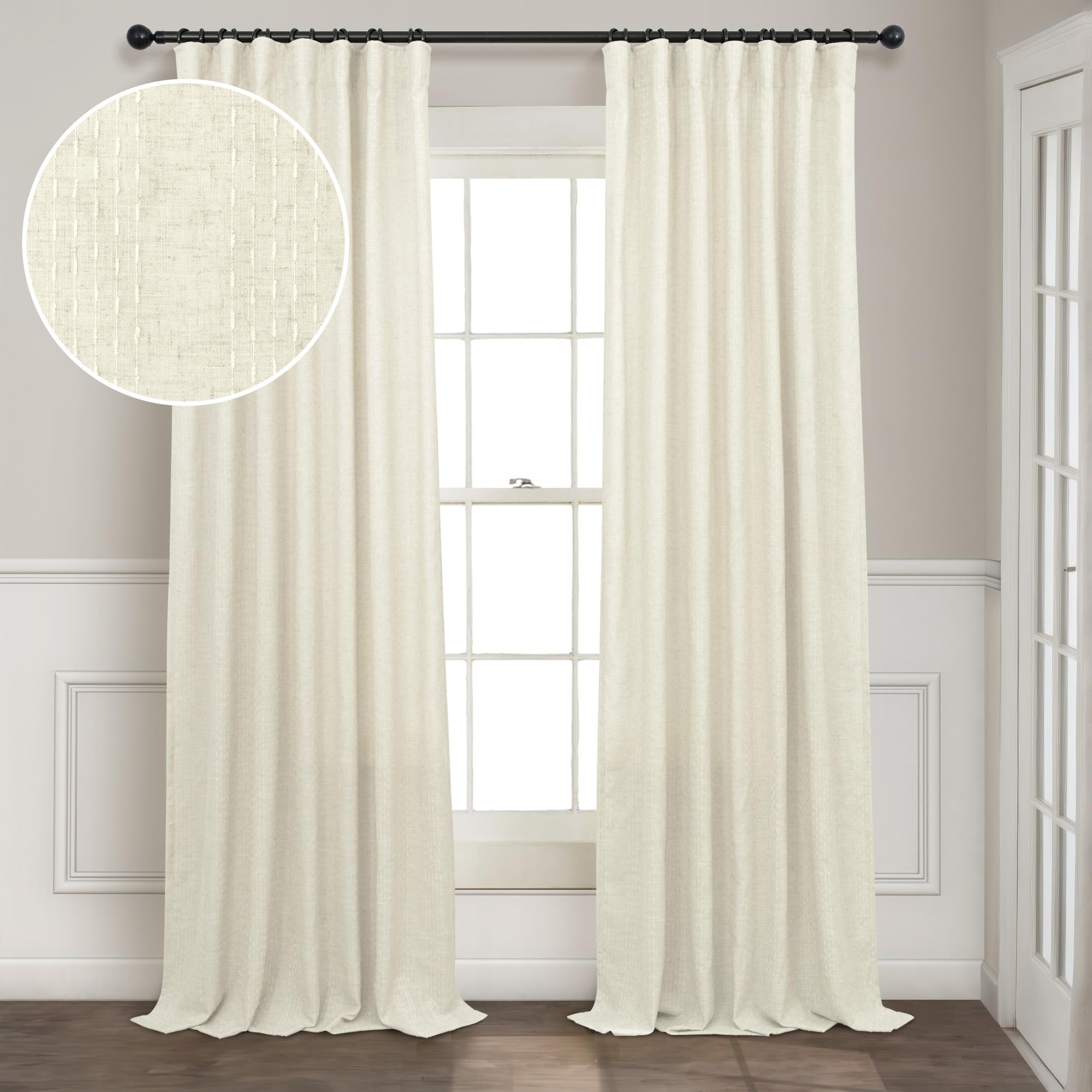 Cream Patterned Curtains 84 Inch Length for Living Room 2 Panel Back Tab Pinch Pleated Pocket Boho Drape Neutral Cotton Textured Striped Light Filtering Sheer Linen Curtain for Bedroom 52x84 Long Ecru