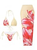 Womens 3pcs Swimsuit Floral Halter Triangle Bikini Top Tie Side Bottom with Long Sheer Cover Up Skirt