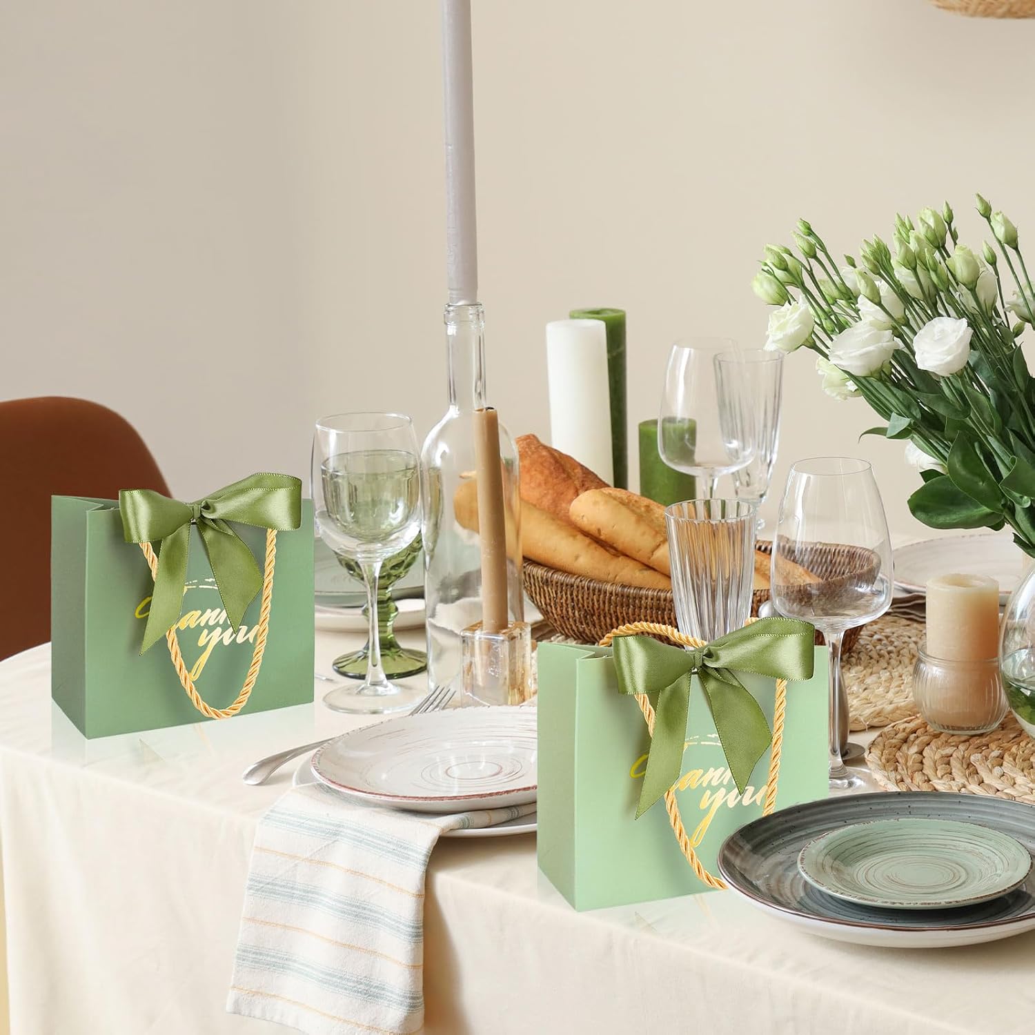 Whaline 60Pcs Thank You Paper Gift Bags with Bow Gradient Sage Green Party Favor Bags with Handles for Wedding Bridal Baby Shower Birthday Party - Image 6