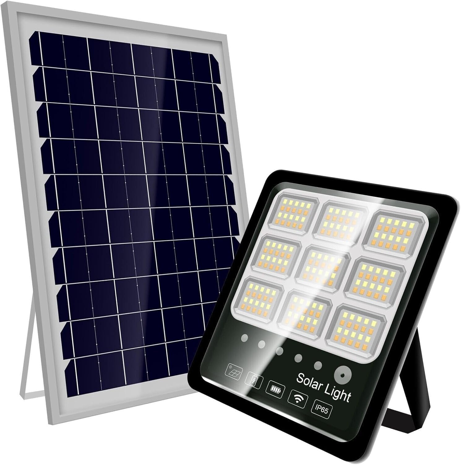 Faro Solare da Esterno 100W con Pannello Solare Monocristallino Led Esterno Impermeabile IP67 336 Macro Leds Faro Luce Fredda 6500K 10 Ore Autonomia Sensore Crepuscolare Supporti (U)