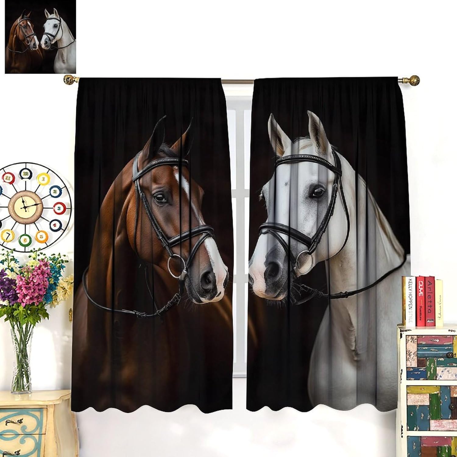 Horse Curtains, West Country Black Stables White Brown Horses Wildlife Blackout Windows Treatments, Thermal Insulation Rod Pocket Drapes For Kids Boys Girls Living Room Bedroom Bathroom 84x84in