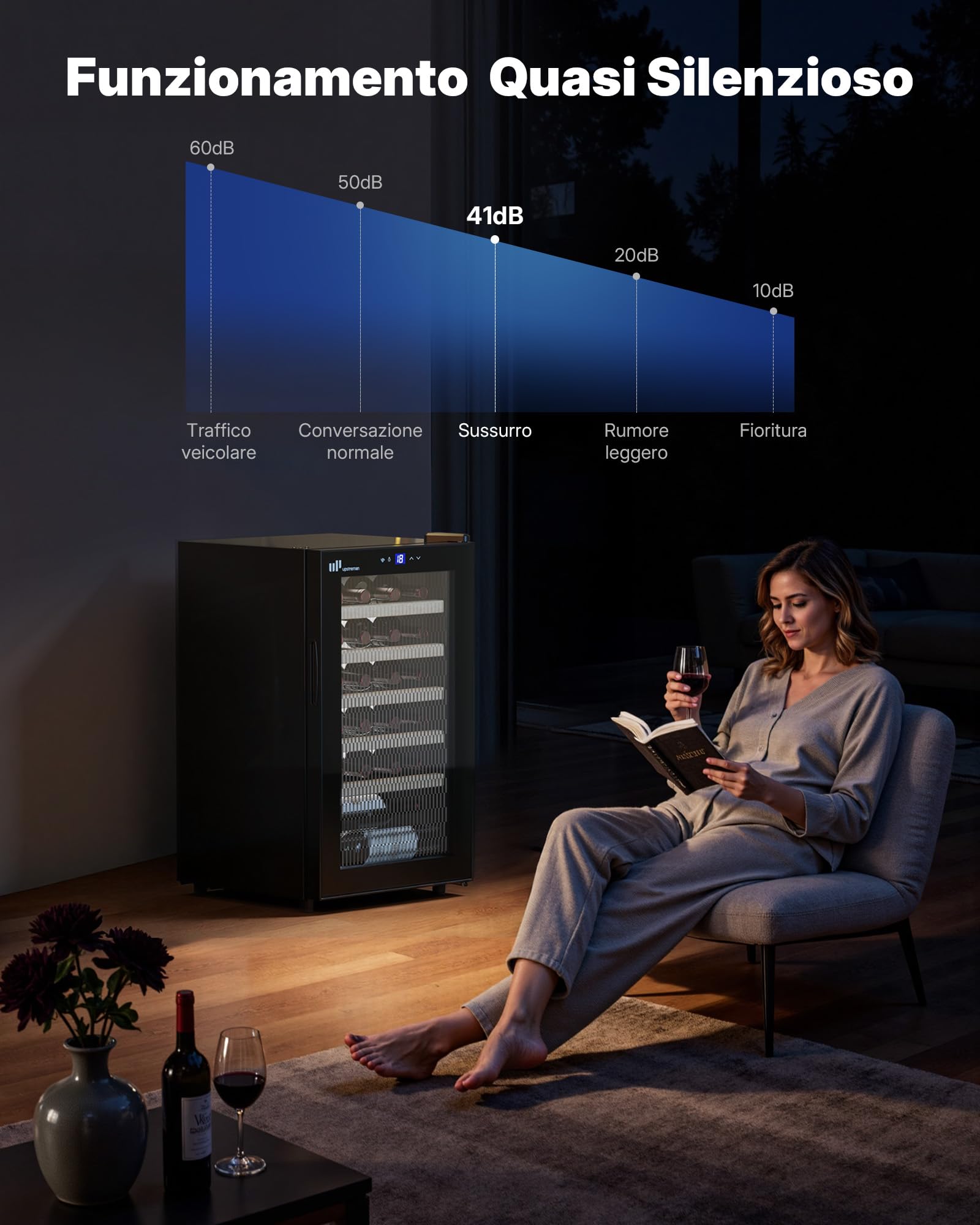 Upstreman Cantinetta Vino, 24 Bottiglie, Temperatura Regolabile 5°C - 20°C, da Incasso o Sottobanco, Doppio Vetro Isolante, Display Touch, Illuminazione LED, 5 Ripiani, Nero W24