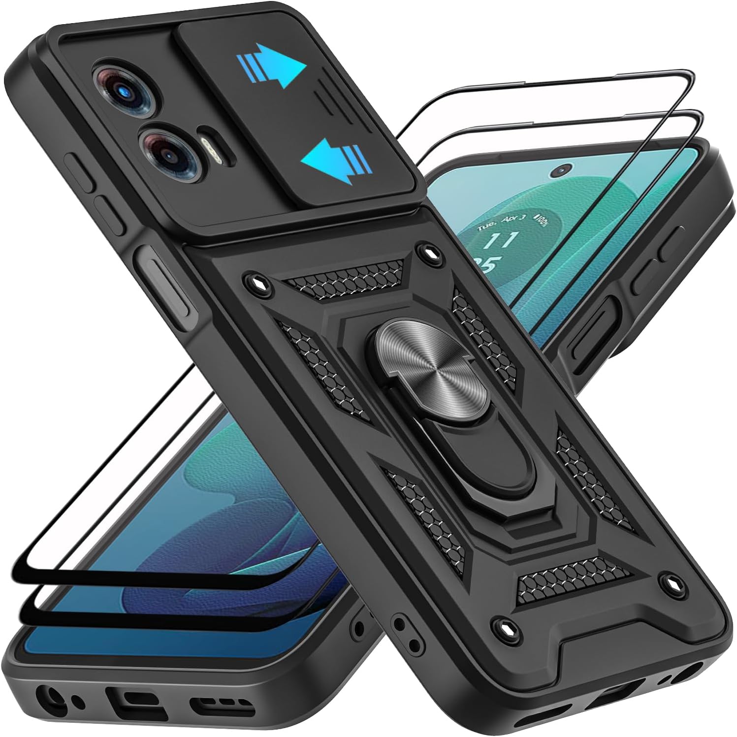 Product image of for Motorola Moto G 5G 2024 Case, with Tempered Glass Screen Protector [2 Pcs] & Slide Camera Cover, 360°Rotation Ring Kickstand [Military Grade] Case (Black)