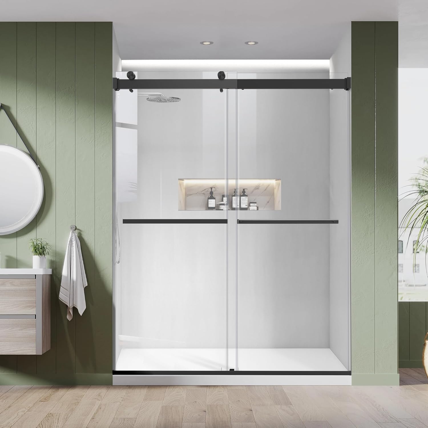 Bathroom Double Sliding Shower Door, 64" W × 76" H Frameless Shower Enclosure with 5/16"(8mm) Clear Tempered Glass Door, Matte Black Hardware, for Walk-in Bathroom