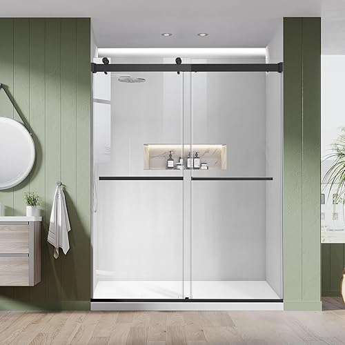 Miniatura 11 de Puerta corrediza de vidrio con bypass para ducha de bañera, 56"-60" de ancho x 58" de alto, puerta de vidrio sin marco para ducha de bañera