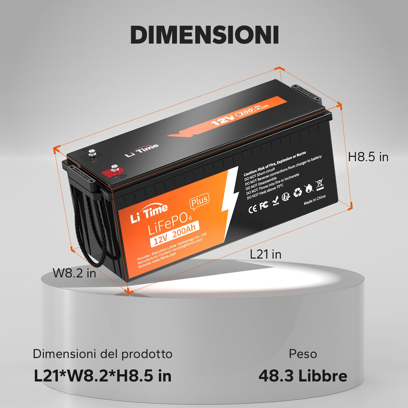 LiTime 12V 200Ah PLUS Batteria Litio, Batteria Litio 12V con BMS 200A, Più Di 4000 Cicli, 10 Anni Di Durata, Batteria Lifepo4 Per Impianti Solari e Accumulo Di Energia Domestico