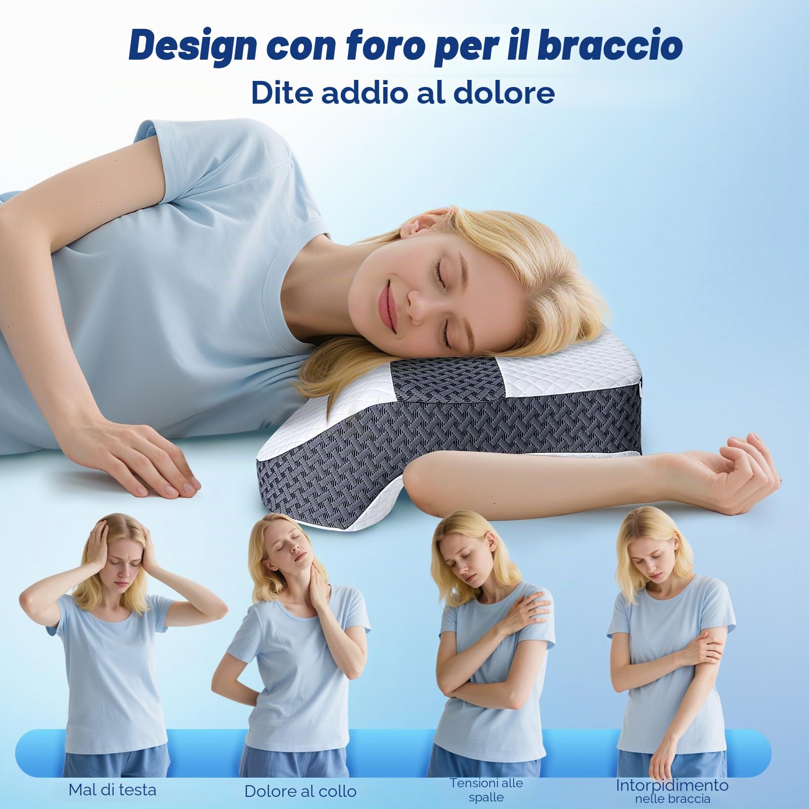 SAHEYER Cuscino braccio Memory Foam, Cuscino Ergonomico Cervicale per Dormire, Cuscini per chi Dorme di lato con foro per le braccia,Bianco