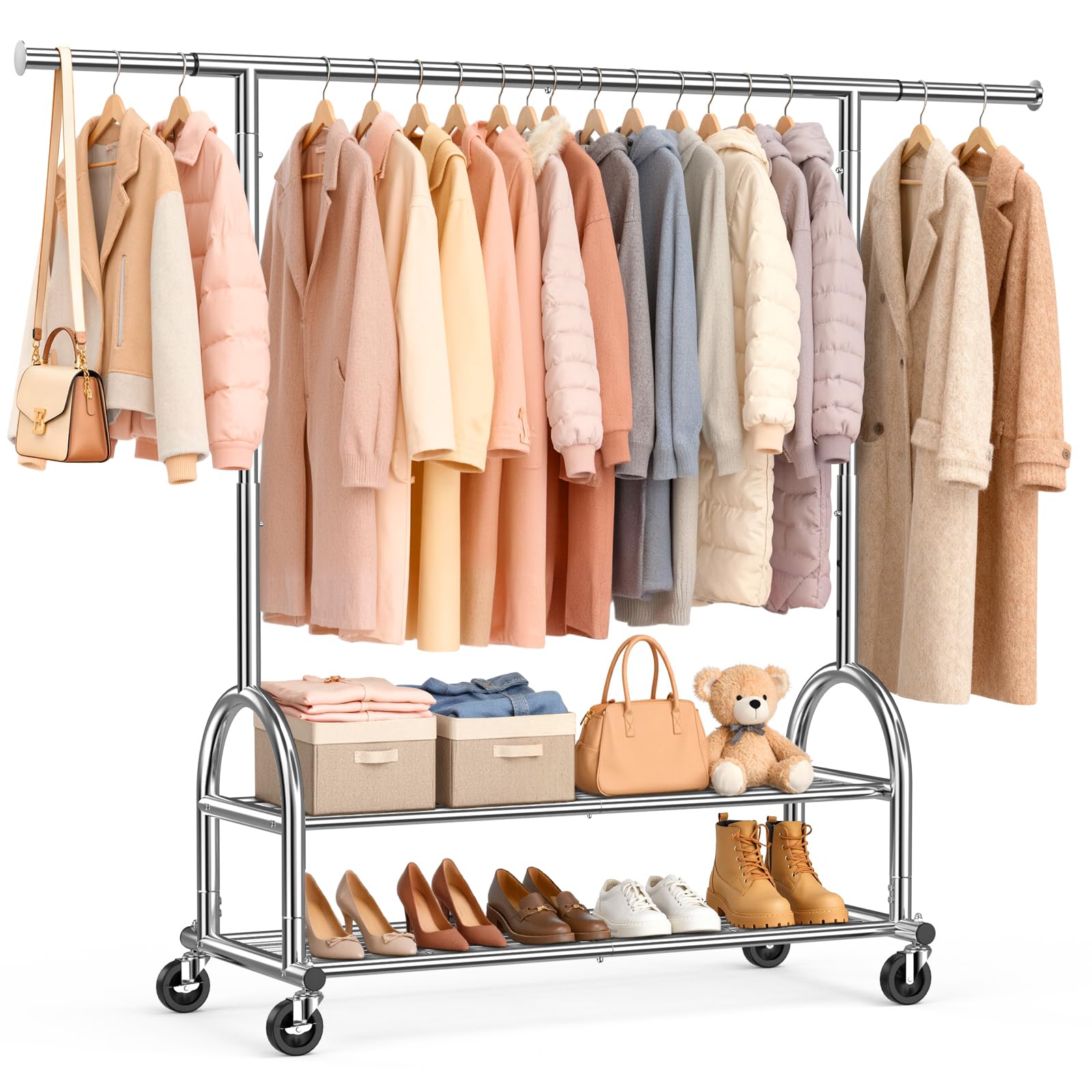 EAGMAK Heavy Duty Clothes Rack for Hanging Clothes Load 556 LBS Height Adjustable Rolling Clothing Racks Portable Metal