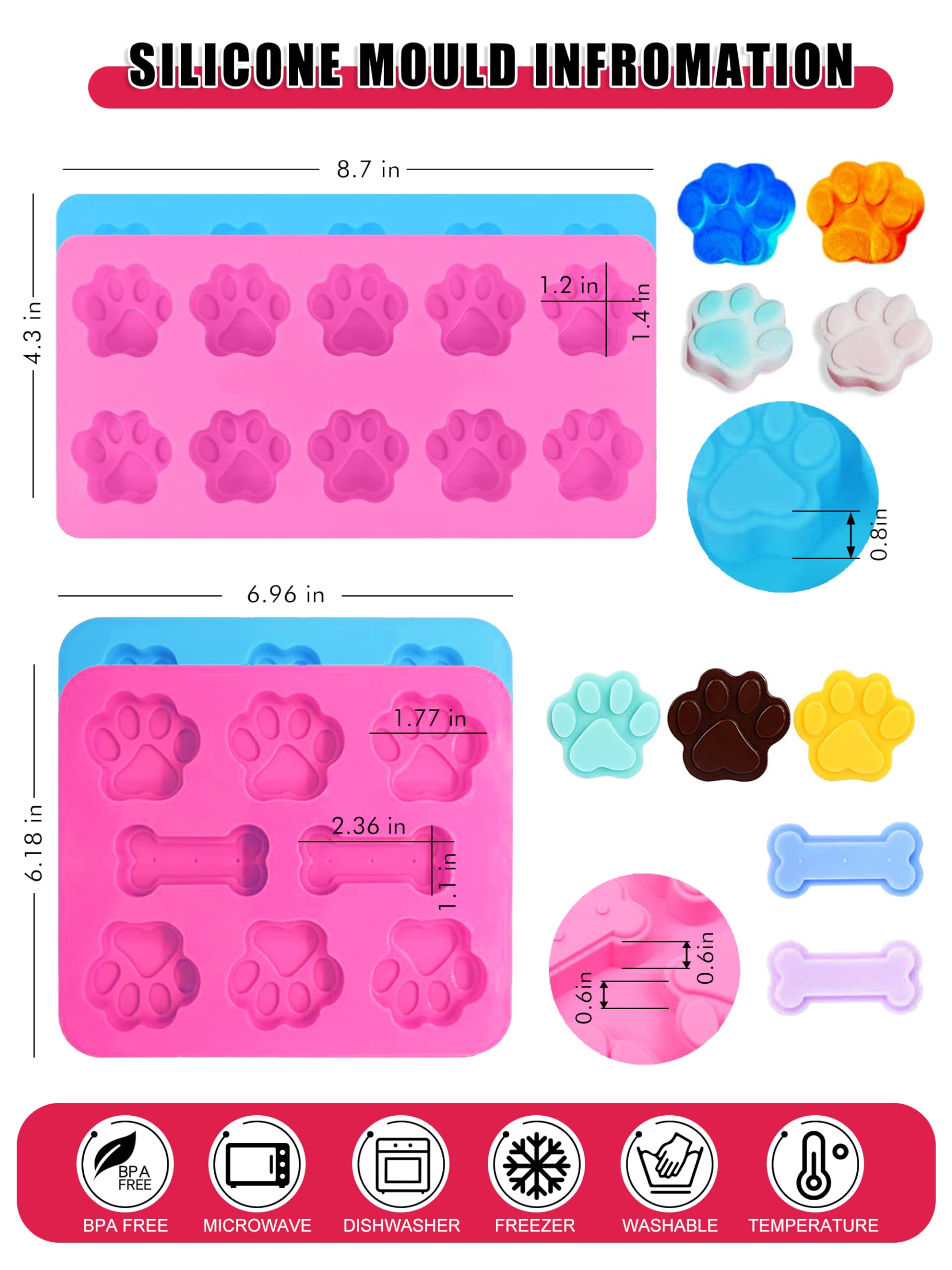 Moldes de silicona caseros para golosinas para perros, cortadores de galletas para perros, moldes de silicona de grado alimenticio para dulces y cubitos de hielo para perros, juego de 15