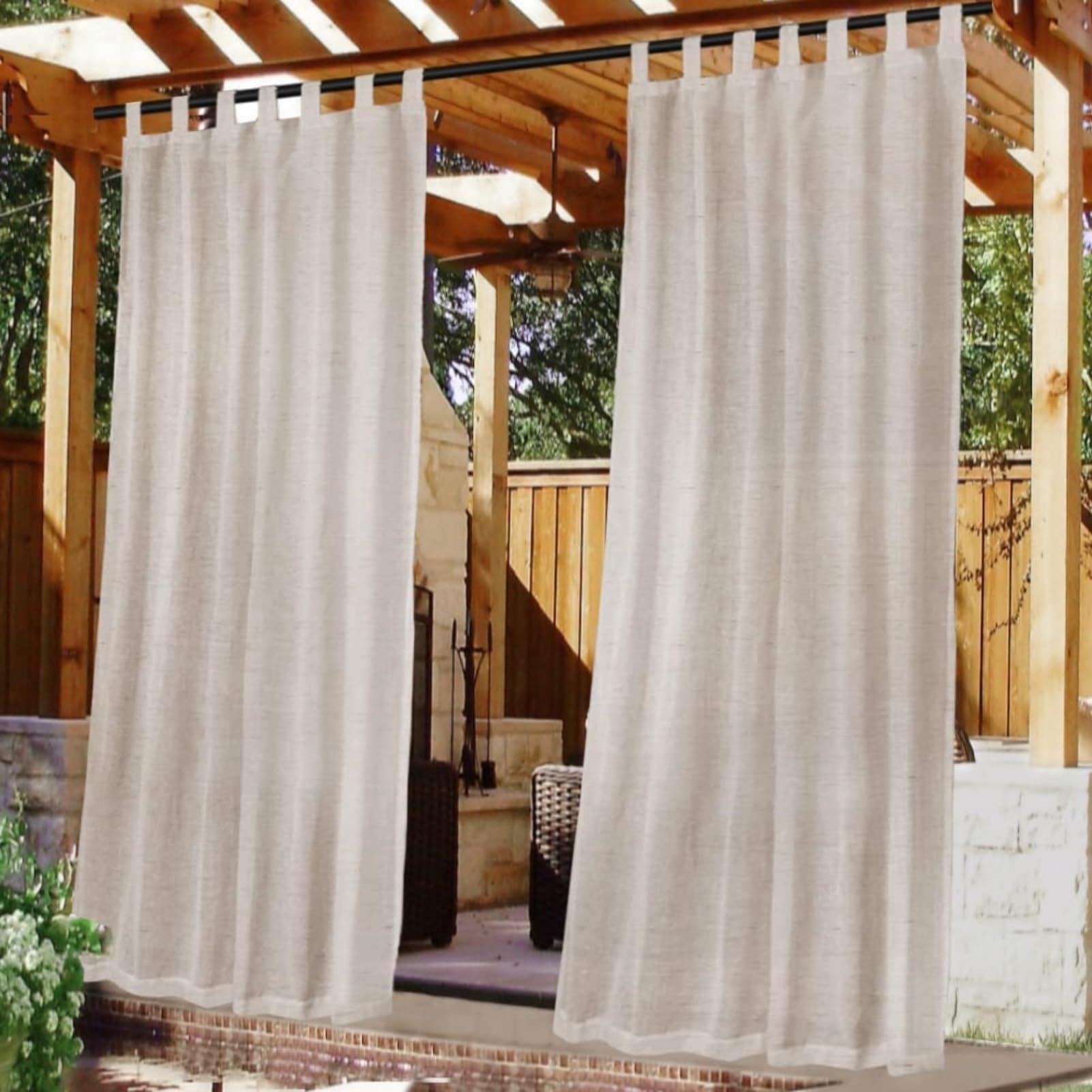 Rideau Extérieur Imperméable Et Coupe-Vent, Protection UV, pour Pergola, Gazebo, Terrasse, Pavillon Et Balcon - Lot De 2 Panneaux Transparents en Lin (Nature,W 52" XL 107.9")