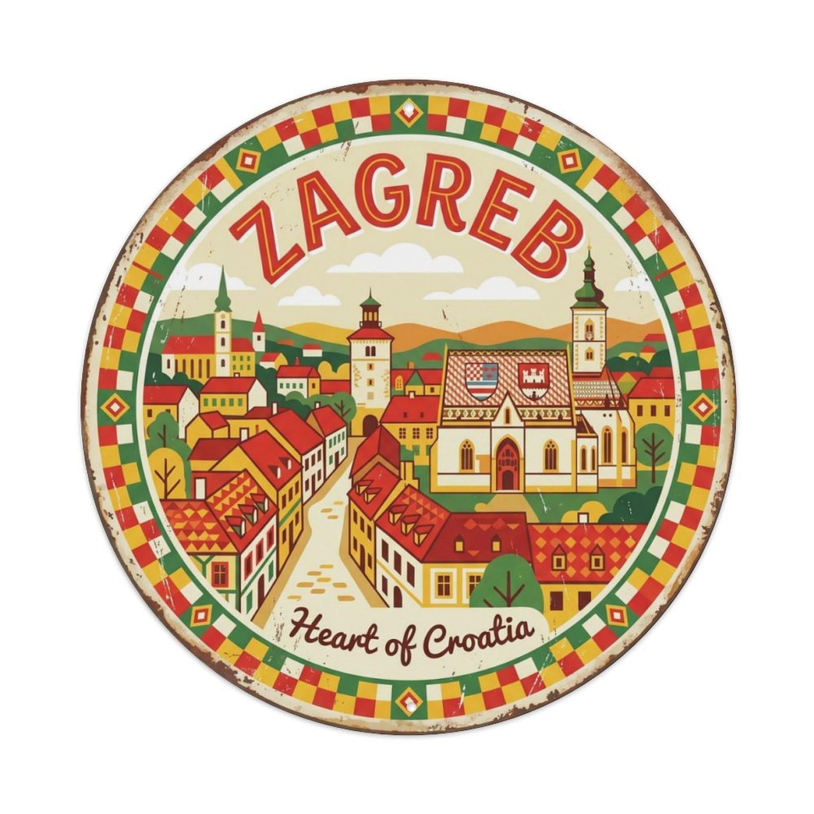 Vintage Travel Zagreb Croatia Town Metal Tin Sign Plaque Wall Decor for Cafe, Club, Garden Round Metal Poster 8x8Inch