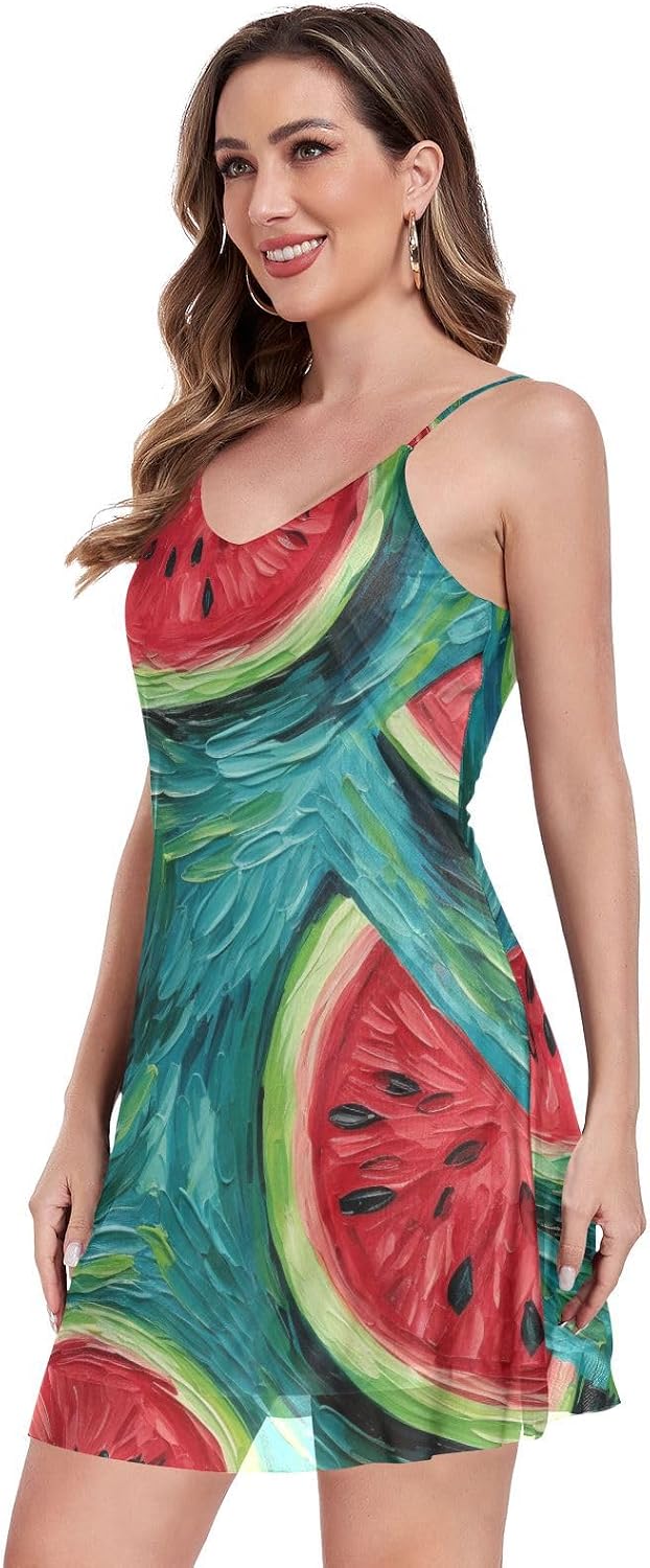 ALAZA Stylized Watermelons Mesh Halter Dress
